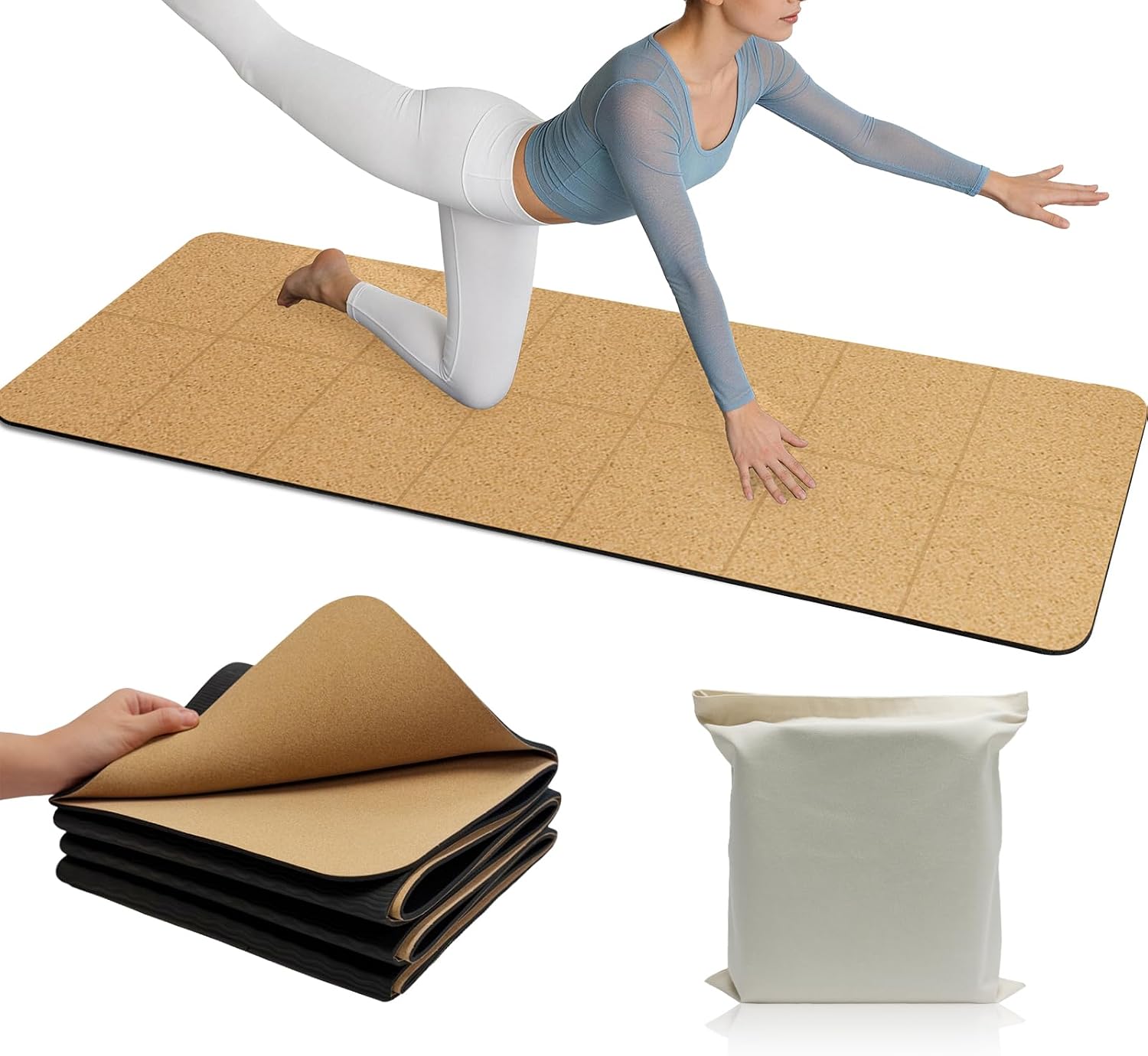 LILXIU Foldable Cork Yoga Mat 72 * 24 in 4 mm Thick Sweat Resistant with Rubber Base Hot Yoga Mat with Storage Bag Lightweight Grip Mats for Travel and Pilates Fitness Home Workouts