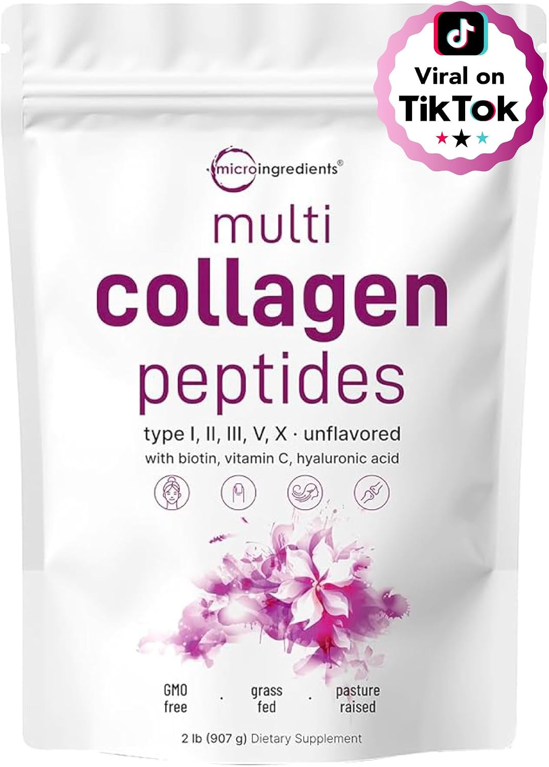 Micro Ingredients Multi Collagen Peptides Powder, 2lb (82 Servings) | Hydrolyzed Type I, II, III, V, X with Biotin, Hyaluronic Acid & Vitamin C. Unflavored Collagen for Women & Men, Easy Dissolve