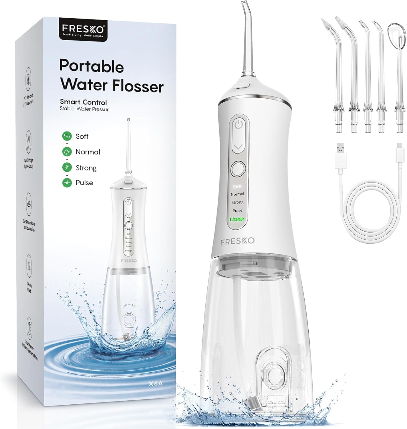 FRESKO Water Dental Flosser for Teeth, IPX7 Waterproof, 5 Jet Tips