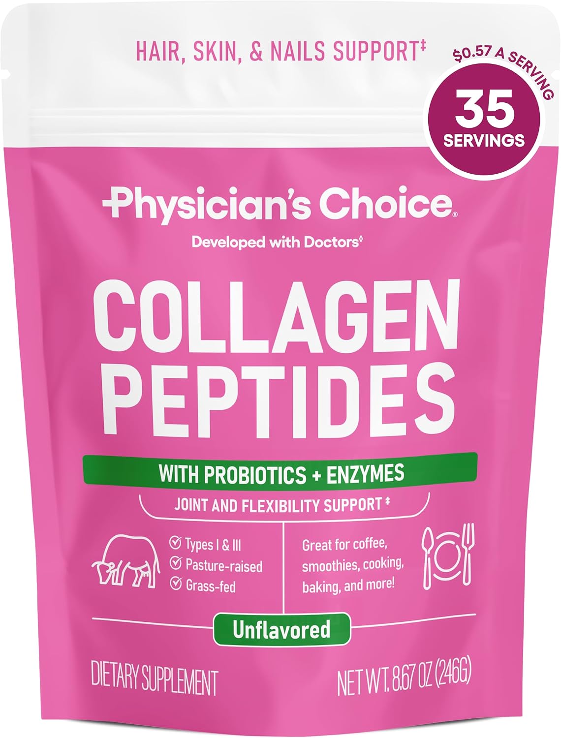 Physician’s CHOICE Collagen Peptides Protein Powder, Grass Fed, 35 Servings
