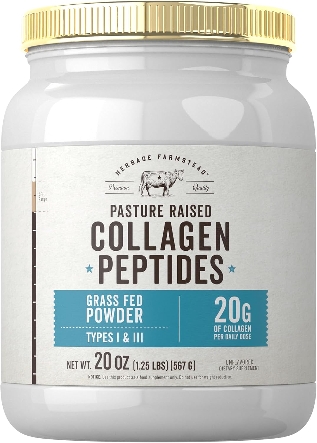 Carlyle Grass Fed Collagen Peptides Powder 20oz | Unflavored | Pasture Raised | Types I & III | 20g of Collagen Per Daily Dose | Non-GMO, Gluten Free | by Herbage Farmstead | Pasture Raised | Types I & III | 20g of Collagen Per Daily Dose | Non-GMO, Gluten Free | by Herbage Farmstead