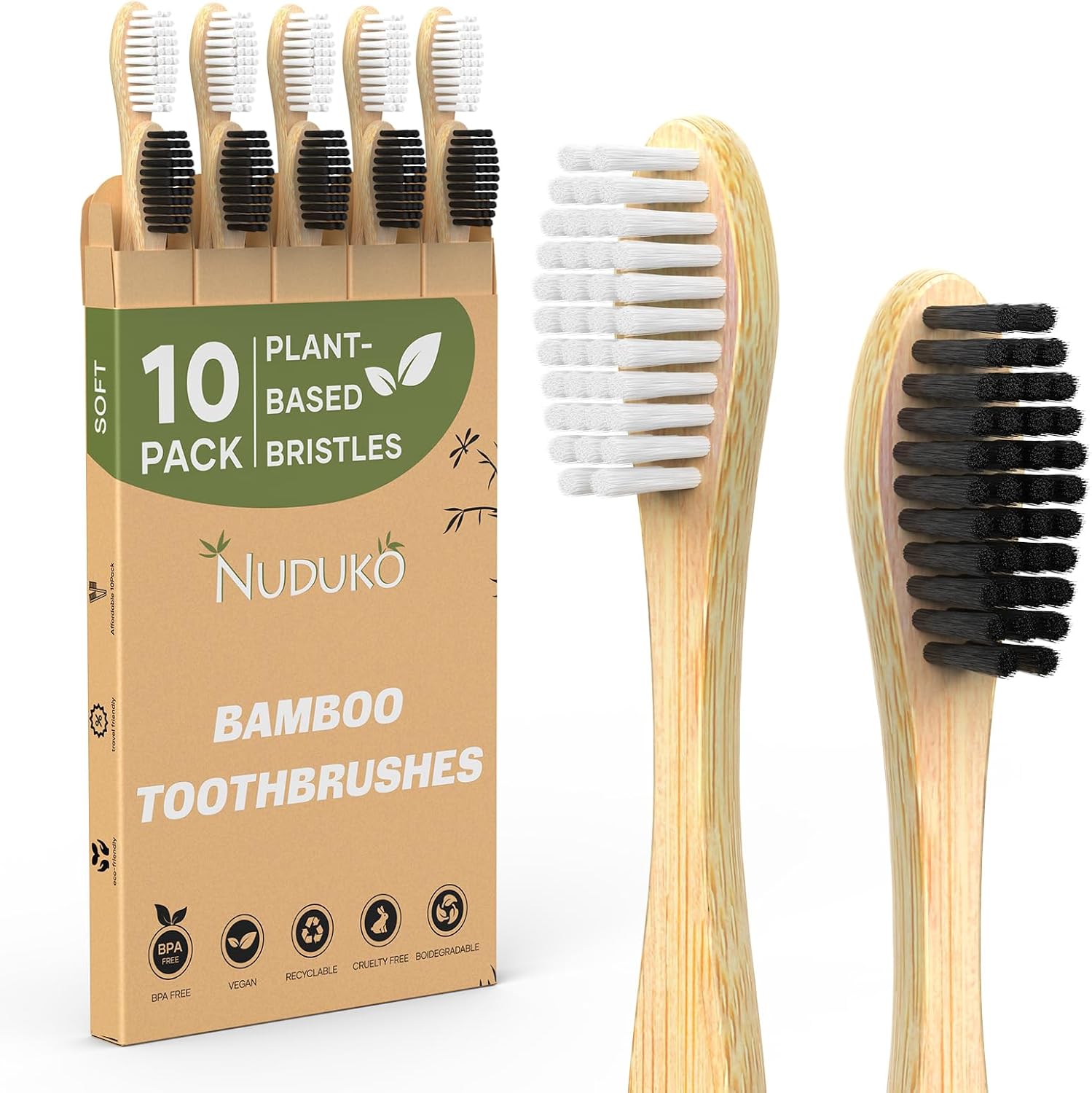 Bamboo Toothbrushes 10 Pack, BPA Free Plant Based Soft Bristle Toothbrush
