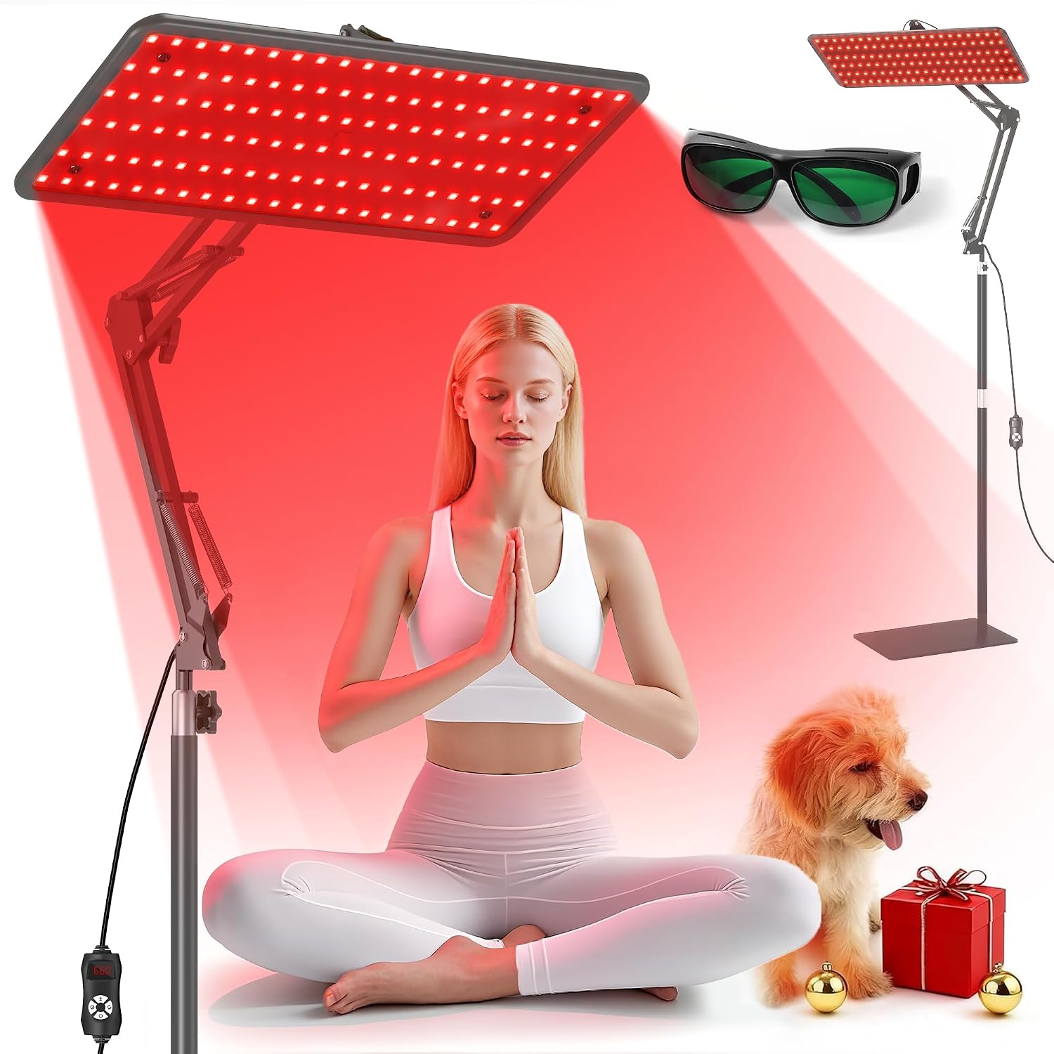 Morfone Red Light Therapy for Body Face Tri-Wavelength 660nm, 850nm, 940nm | LED Infrared Light Therapy Lamp Panel with Adjustable Stand Protective Glasses, Home Use, Gift for Women Girl, Black Grey M