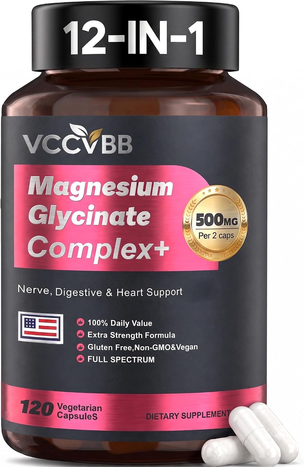 Magnesium Glycinate 500mg, 12-in-1 Magnesium Complex, 120 Capsules