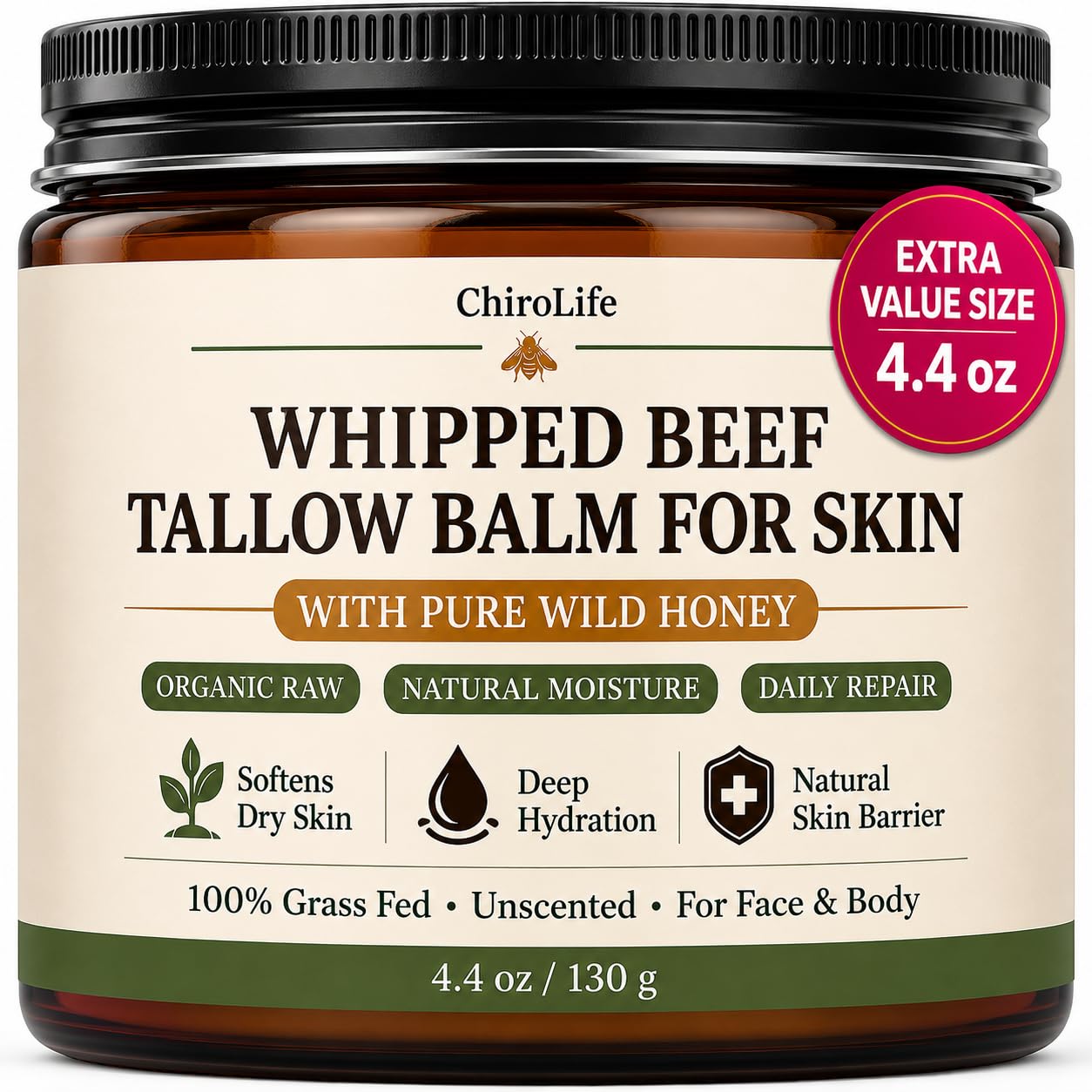 Grass-Fed Beef Tallow for Skin, Whipped Tallow and Honey Balm for Face and Body, Pure Tallow Face Moisturizer, Organic Beef Tallow Balm & Cream with Natural Beeswax – 4.4 oz