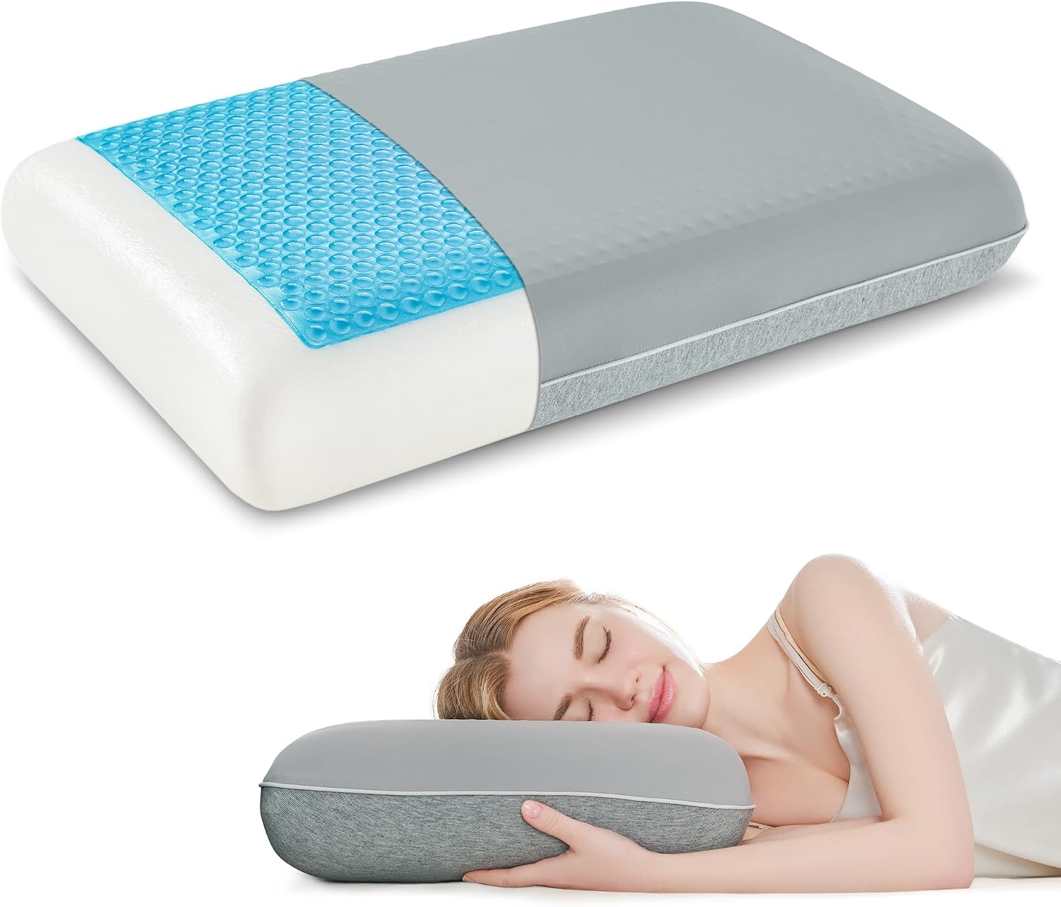 Gel Cooling Pillows for Hot Sleepers, Cooling Memory Foam Pillow with Reversible & Removable Cover, Cold Pillow for Side & Back Sleepers, All-Season Comfort, Standard Size, Grey