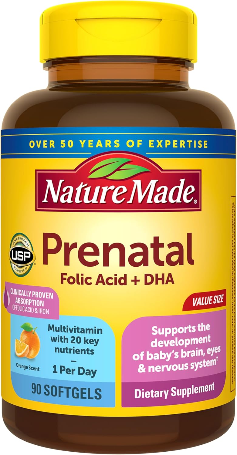 Nature Made Prenatal Vitamins for Women with Folic Acid + DHA, 90 Softgels | Prenatal Vitamin and Mineral Supplement for Daily Nutritional Support, With Folic Acid and 19 Other Nutrients, 90 Day Supply