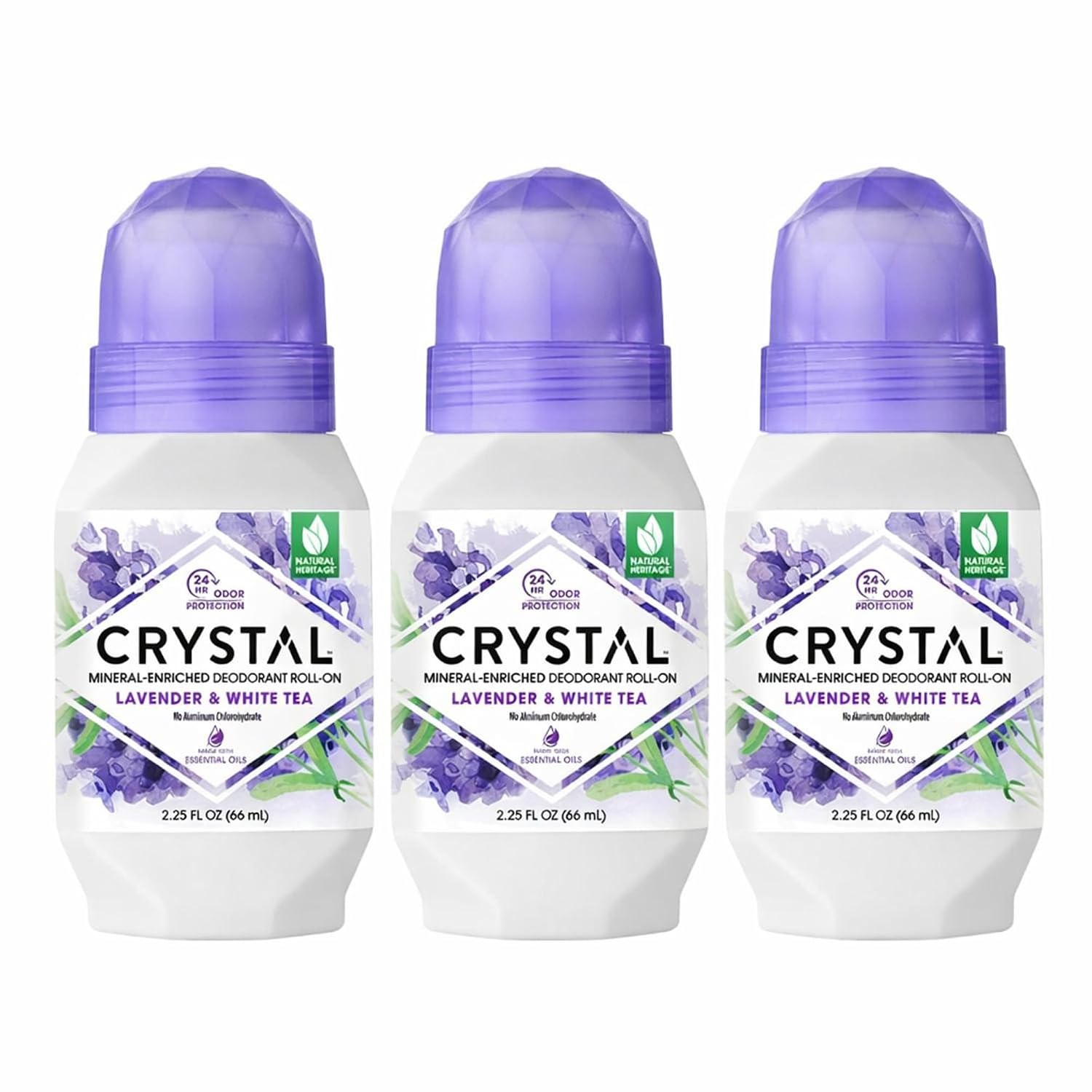 CRYSTAL Deodorant Aluminum Free Mineral Deodorant Roll-On for Women & Men, Lavender & White Tea – Paraben Free – Certified Cruelty Free & Vegan Deodorant – Prevents Odor Up to 24 Hours ,2.25 Fl Oz (Pack of 3),21661-3