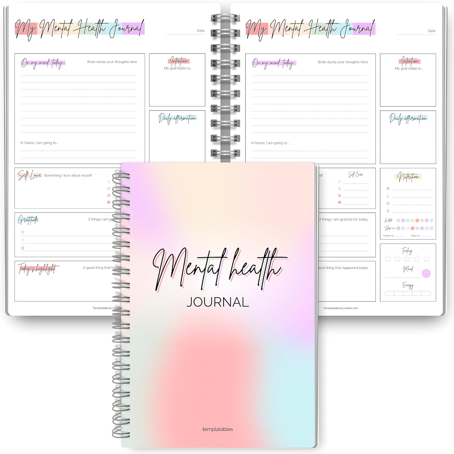 Mental Health Journal Planner | Daily Gratitude, Self Care, Intentions, Affirmations and Nutrition (Rainbow, A5)