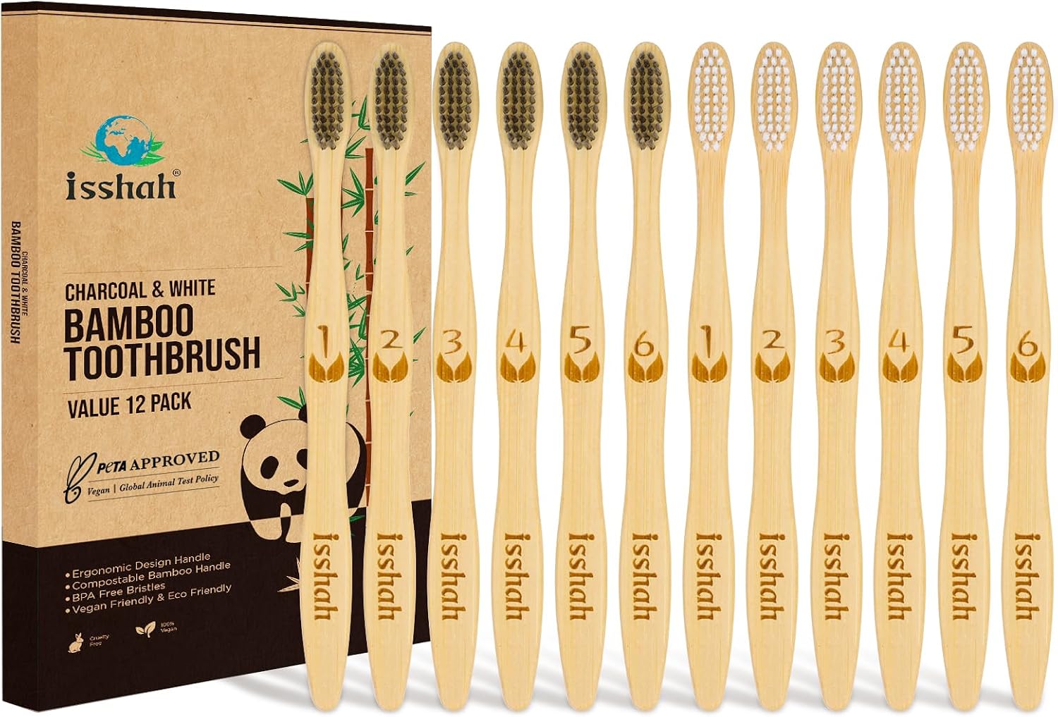 Isshah Biodegradable Bamboo Charcoal Toothbrush – 12 Pack – FSC Certified | PETA approved. Soft nylon bristles for gentle cleaning. Eco-friendly bamboo handle. Biodegradable. 12 pack.