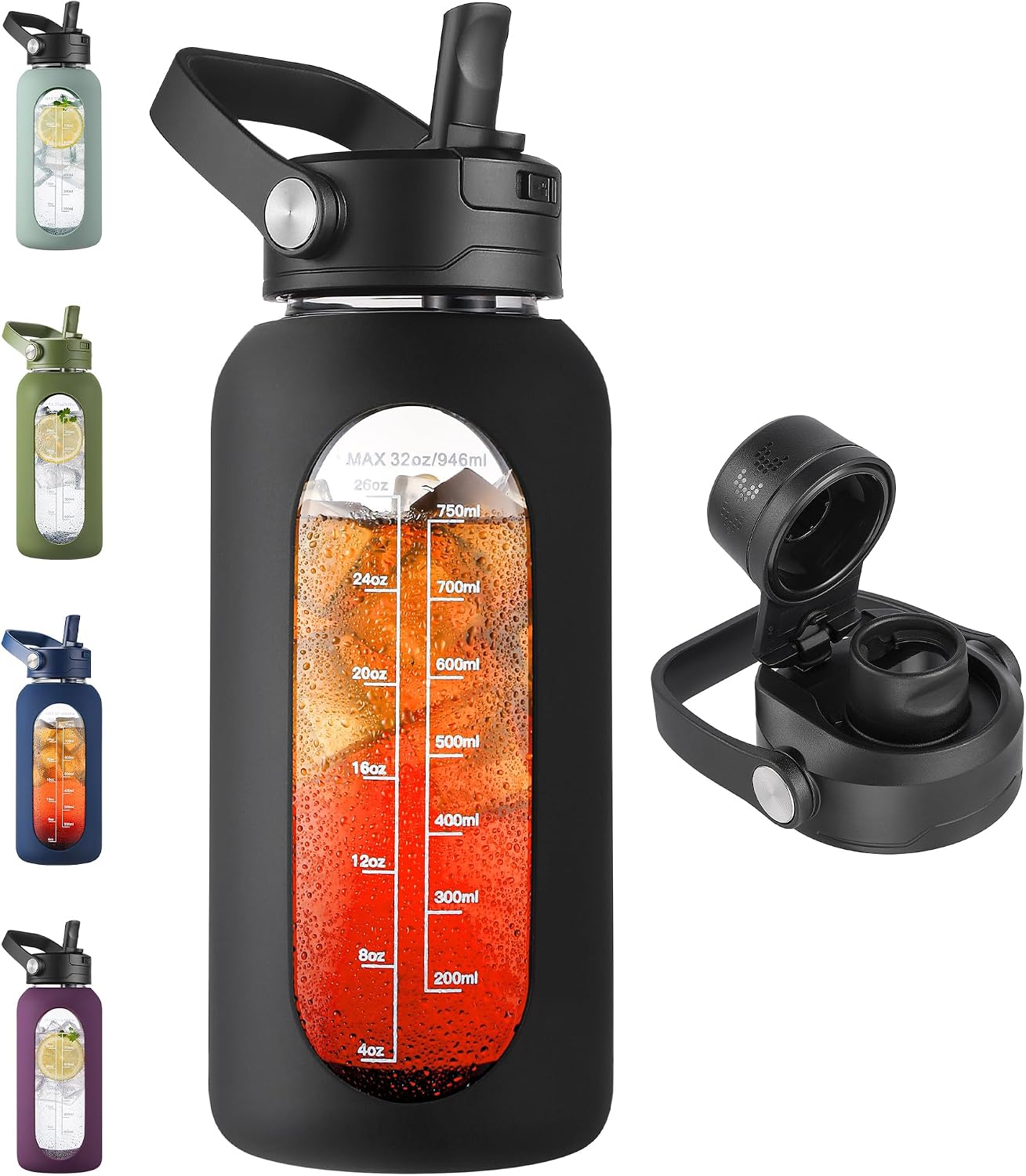 CIVAGO 32 oz Glass Water Bottle with Detachable Straw and Time Maker | Motivational Large Flask Cup with Handle, Leakproof Lids, Wide Mouth, Silicone Sleeve, Tumbler for Juice, Black