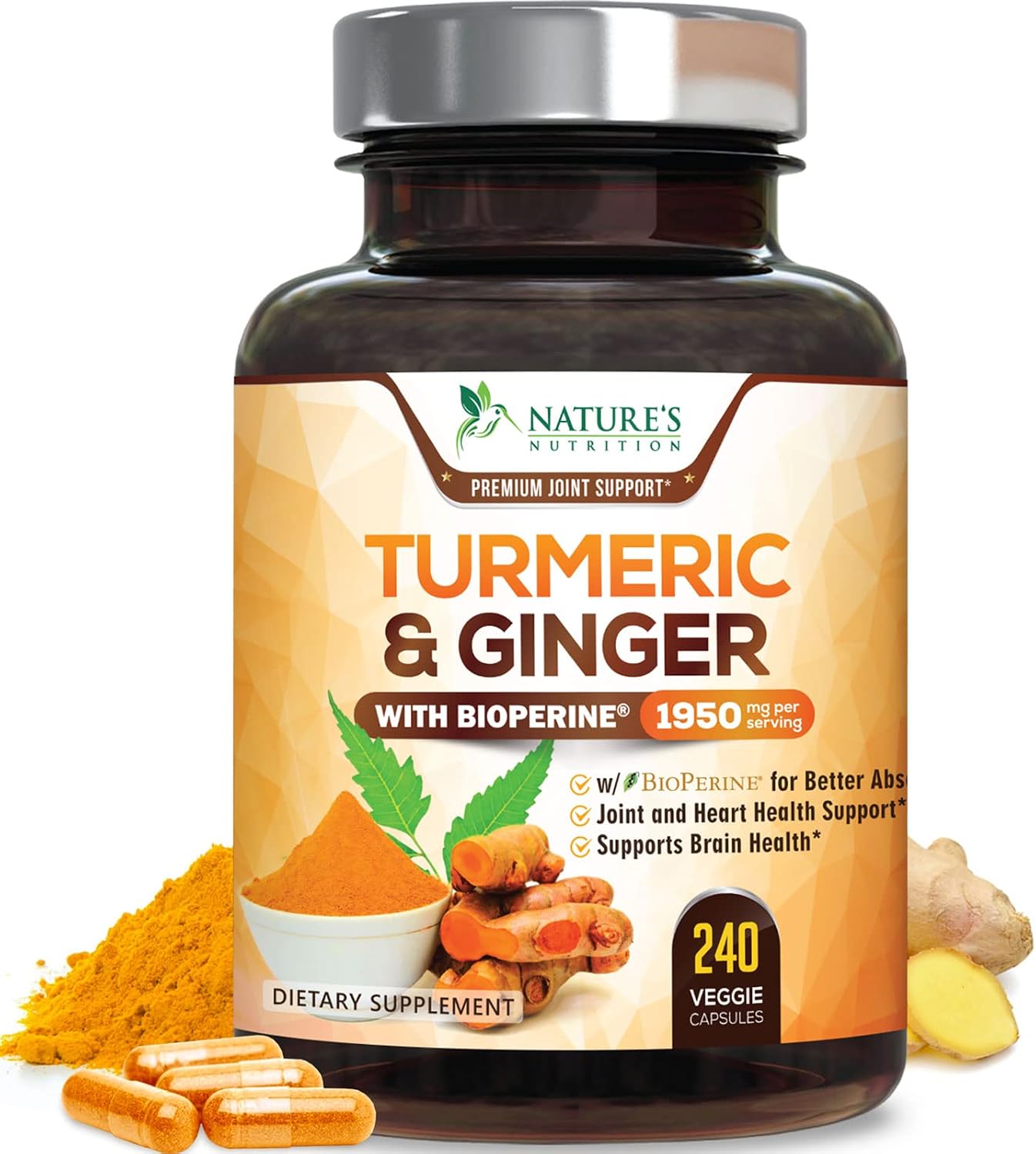 Turmeric Curcumin Supplement – 95% Curcuminoids with Organic Turmeric & Ginger, BioPerine Black Pepper Extract for Best Absorption, Natural Vegan Joint Support, Non-GMO, Bottled in USA – 240 Capsules