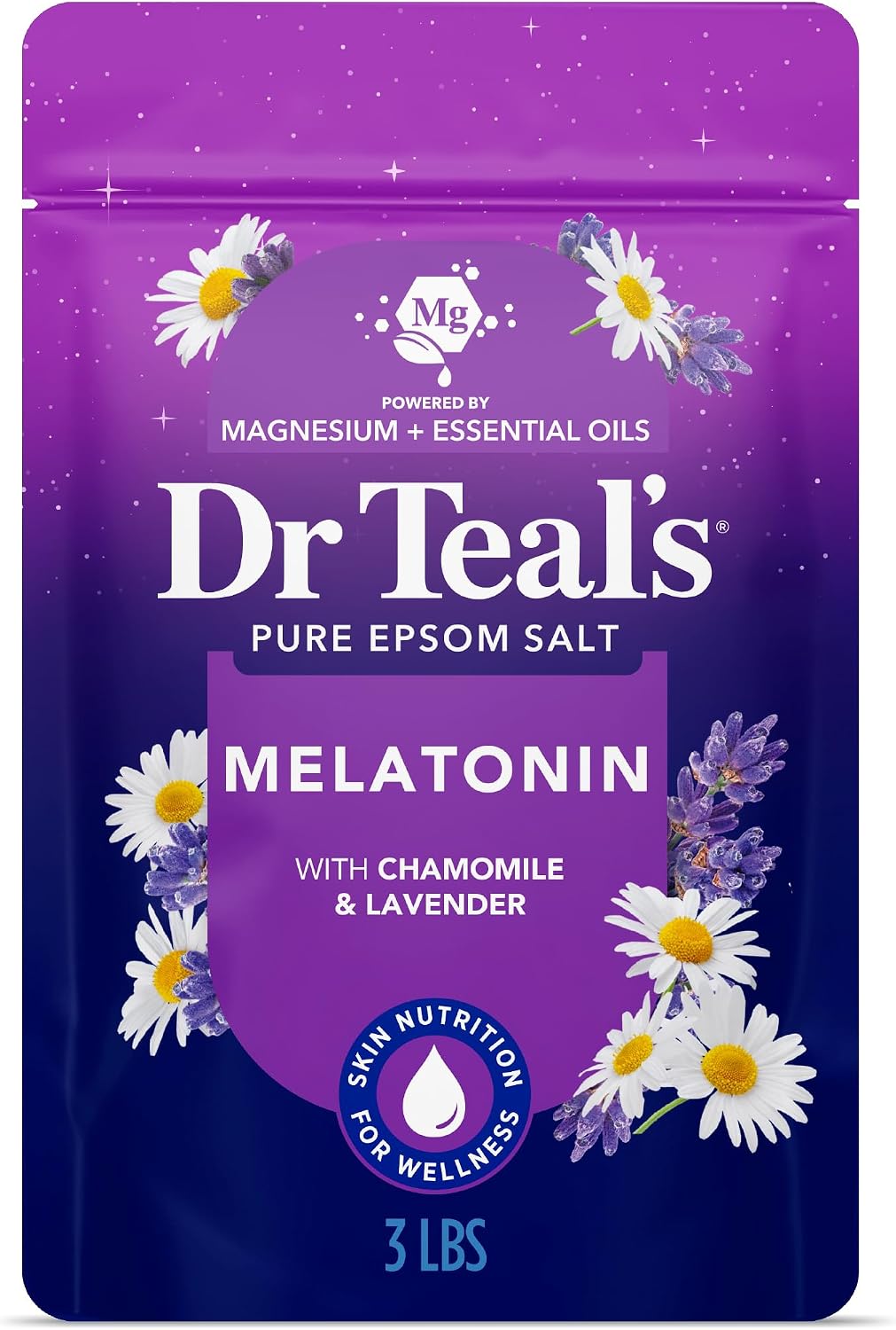 Dr Teal’s Epsom Salt Magnesium Soak, Sleep Blend with Melatonin, Lavender & Chamomile Essential Oils, 3 lbs