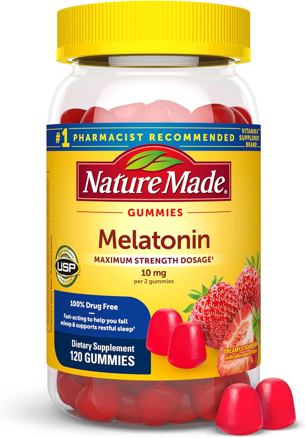 Nature Made Melatonin 10 mg per Serving Gummies, 120 Melatonin Gummies | Sleep Gummies for Adults, Maximum Strength Dosage, 100% Drug Free Sleep Aid for Adults, Strawberry Flavor, 60 Day Supply
