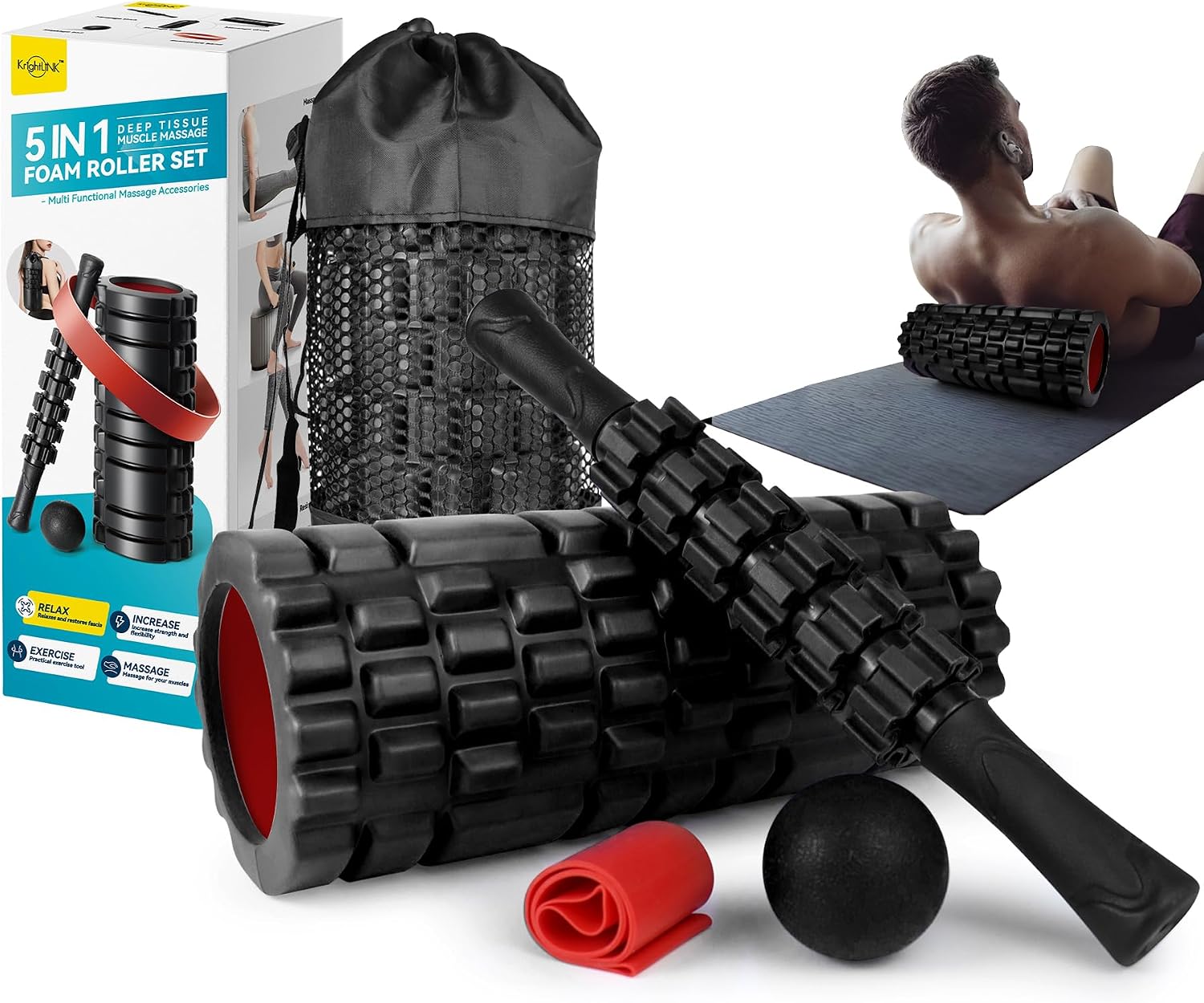 Krightlink 5-in-1 Foam Roller Set High Density Deep Tissue Muscle Massage | Muscle Recovery Kit Exercise Roller, Massage Ball, Resistance Band & Carry Bag for Physical Therapy & Pain Relief Black