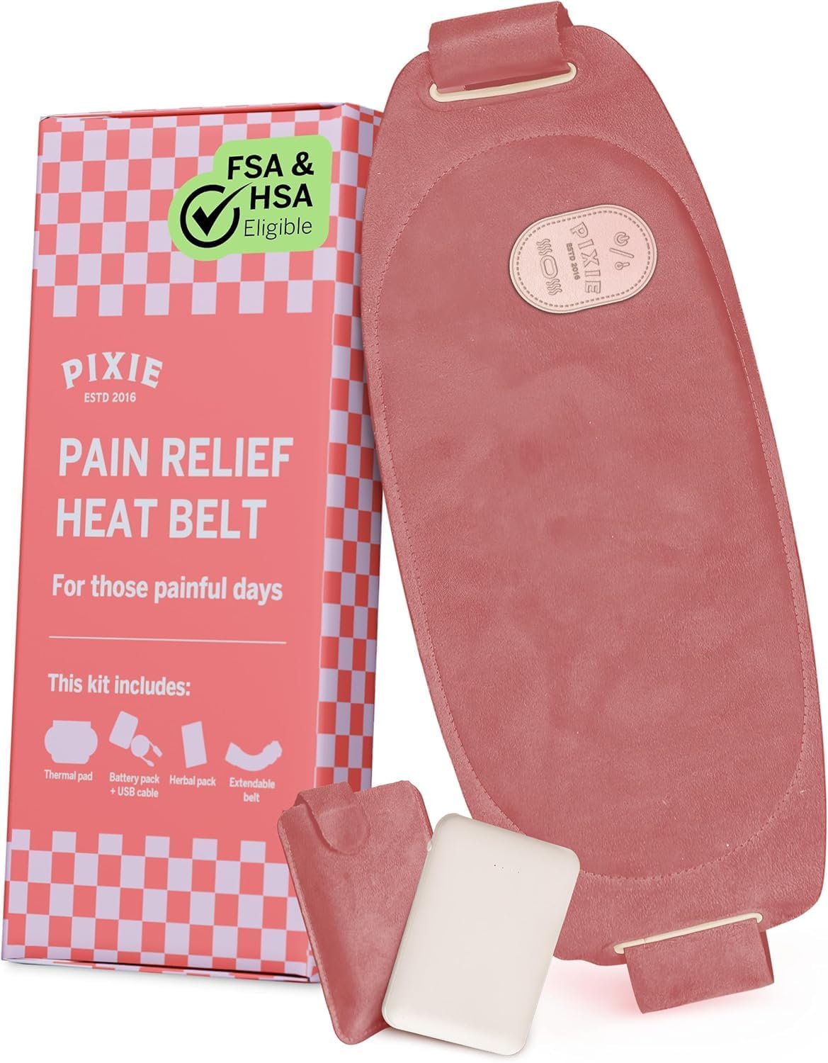 Pixie Period Heating Pad for Cramps – Wearable Cordless Graphene Heat Belt – 3 Heat Settings – Vibration Massage – Discreet – Adjustable Fit – Rechargeable – FSA Eligible and HSA Eligible – Pink