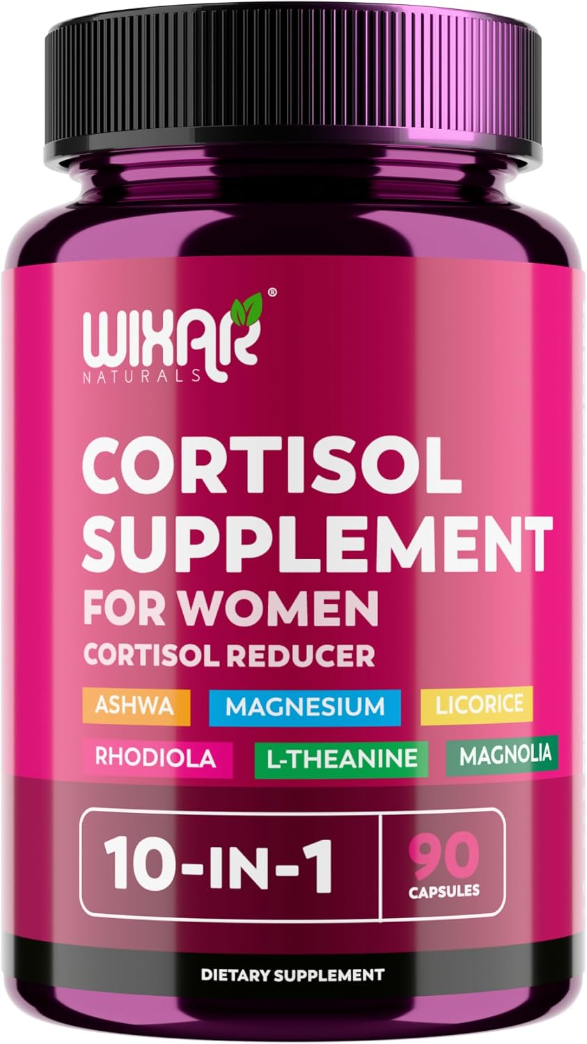 WIXAR Cortisol Supplements for Women with Ashwagandha, Magnesium, L-Theanine, Rhodiola Rosea – for High Cortisol Balanace Manager – for Sleep Support, Mood & Focus Supplement – 90 Capsules
