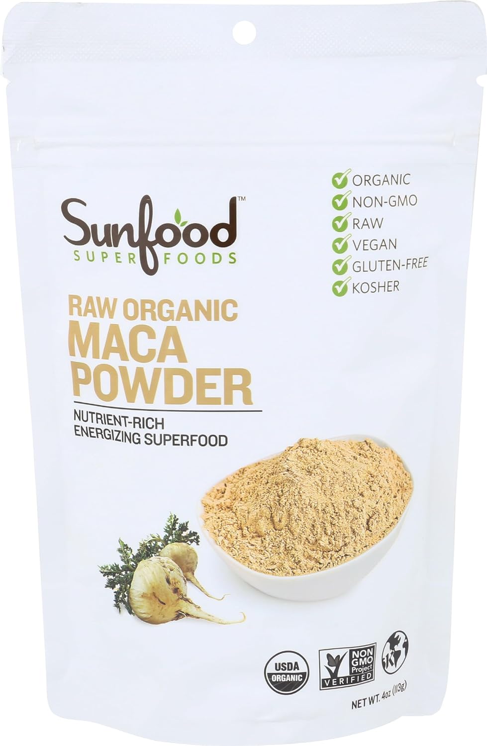 Sunfood Organic Maca Powder – Maca Root Powder, Maca Powder Organic, Maca Supplement for Men & Women with Adaptogens, Peruvian, Raw, Vegan, Premium Maca Powder – 4 Oz Bag