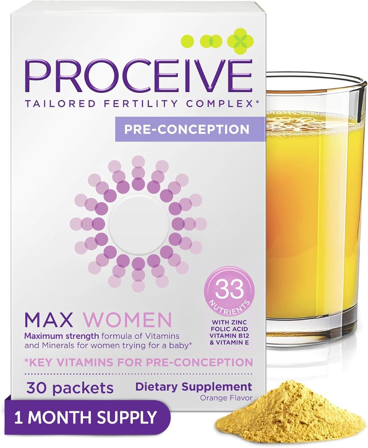 Proceive Max Tailored Fertility Supplement for Women, Orange, 30 Packets | Pre-Conception Vegan Multivitamin Drink Mix with Vitamins, Minerals & Amino Acids, Vitamin D, Zinc, Myo Inositol, Folate