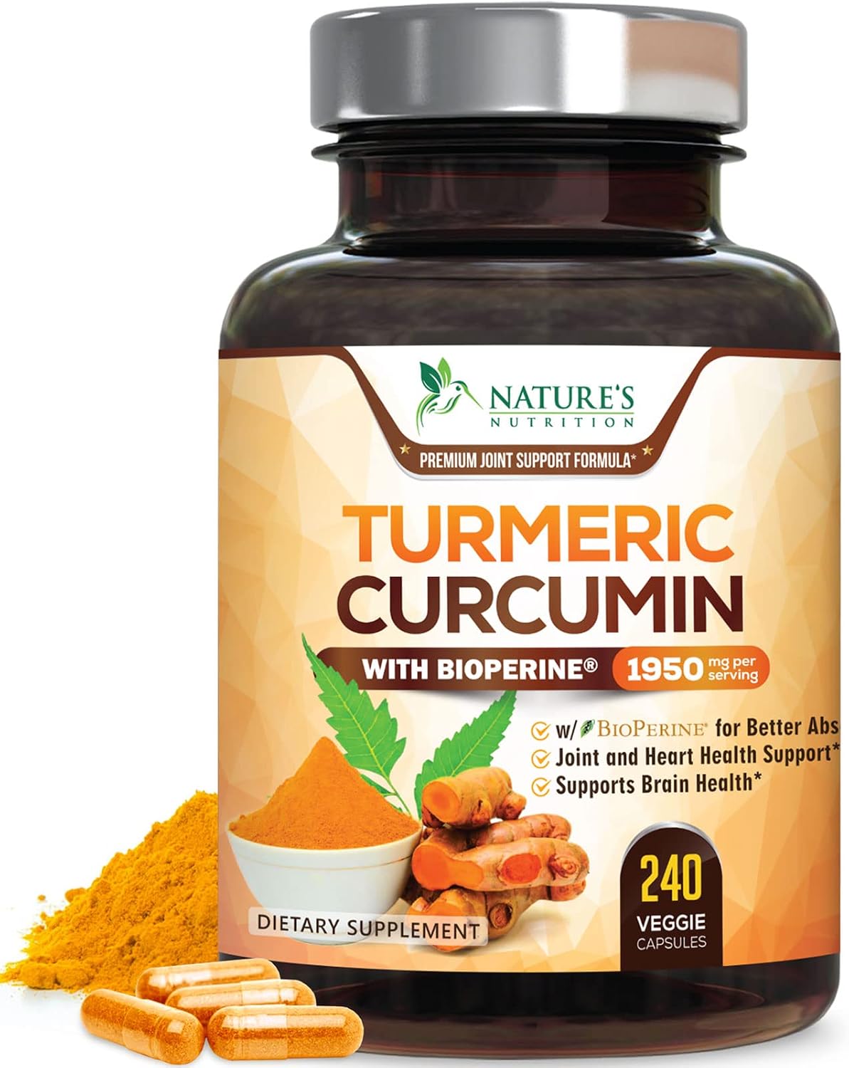 Turmeric Curcumin Supplement 95% Curcuminoids 1950mg with Organic Turmeric & BioPerine Black Pepper Extract for Best Absorption, Natural Vegan Joint Support, Non-GMO, Bottled in USA – 240 Capsules