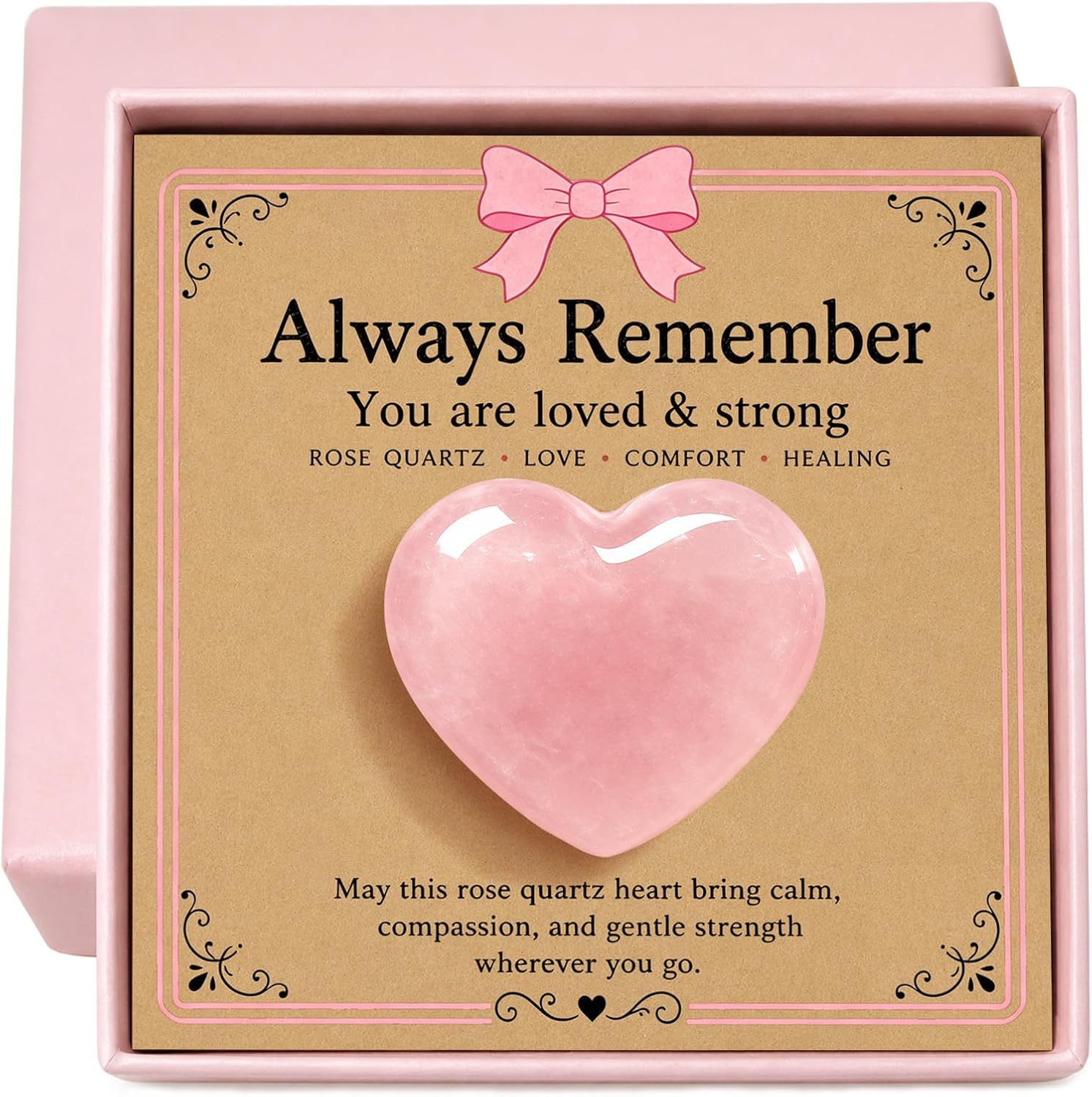 Rose Quartz Heart Gift – Pocket Affirmation Heart with Message Card, Love, Strength & Self-Worth Reminder Gift for Women, Daughter, Sister, Friend, Mom, Self Care & Thinking of You Gift (Pink)