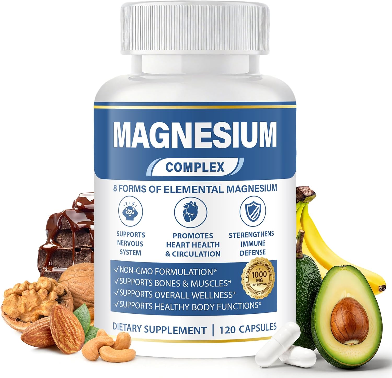 1000mg Magnesium Complex 8 in 1 for Women & Men Vegan Magnesium Supplement | With Glycinate, Citrate, Malate, Taurate & More Magnesium Forms, Vegan Formula for Sleep, Fatigue & Heart Health 120 Capsules