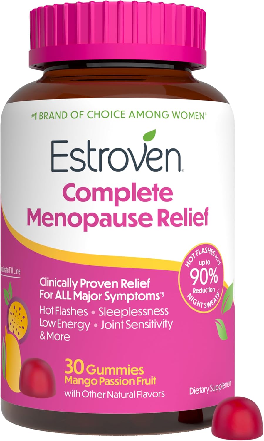 Estroven Complete Gummies Menopause Relief Supplement for Women, 30 Count | Mango Passionfruit, Hot Flash & Night Sweat Relief*, Perimenopause Support Hormone-free, Drug-free Rhapontic Rhubarb, 1 Daily