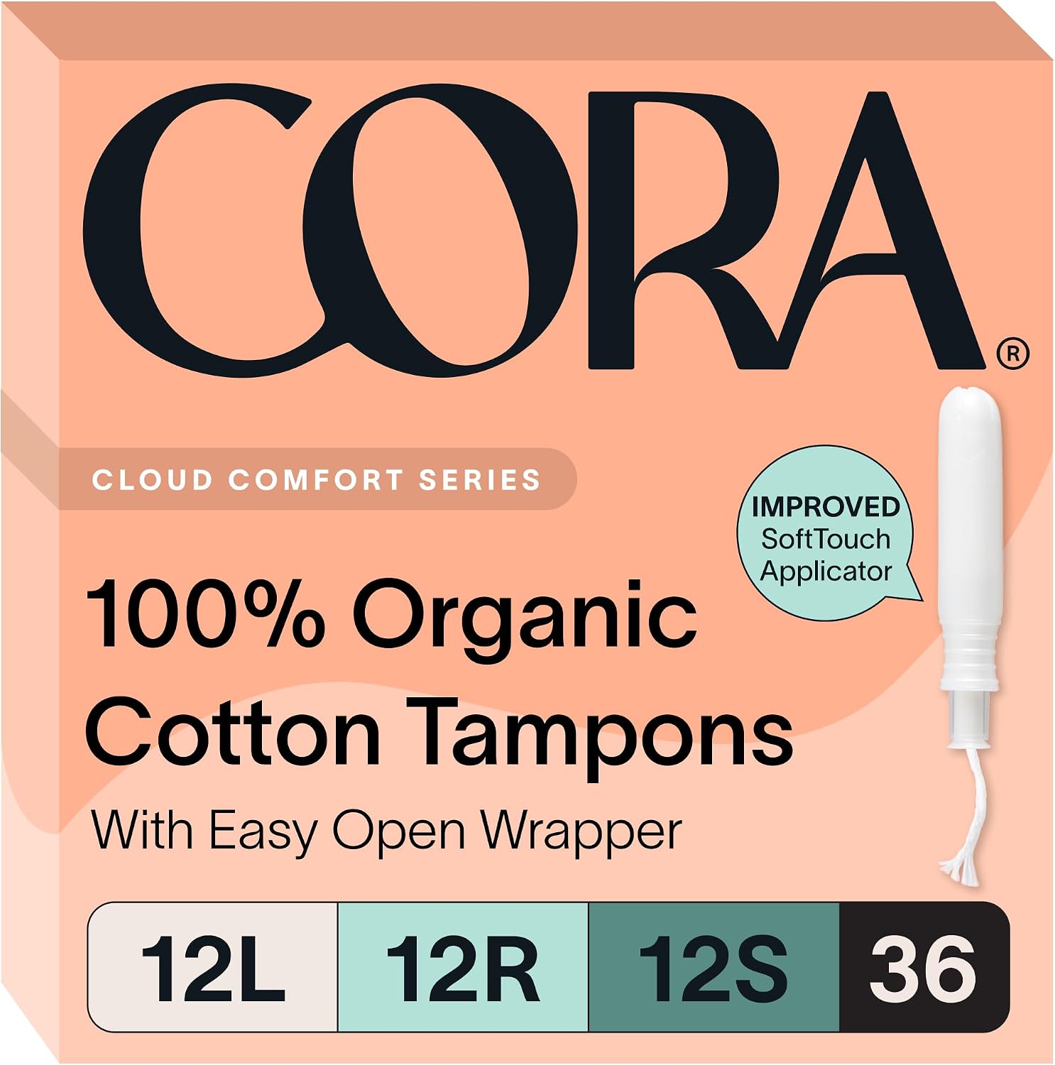 Cora 100% Organic Cotton Tampons Multipack (12 Light, 12 Regular, 12 Super) | Comfortable Leak Protection, Expands to Your Shape, Made Without Chlorine, Pesticides, or Rayon, Organic Cotton Feminine Care