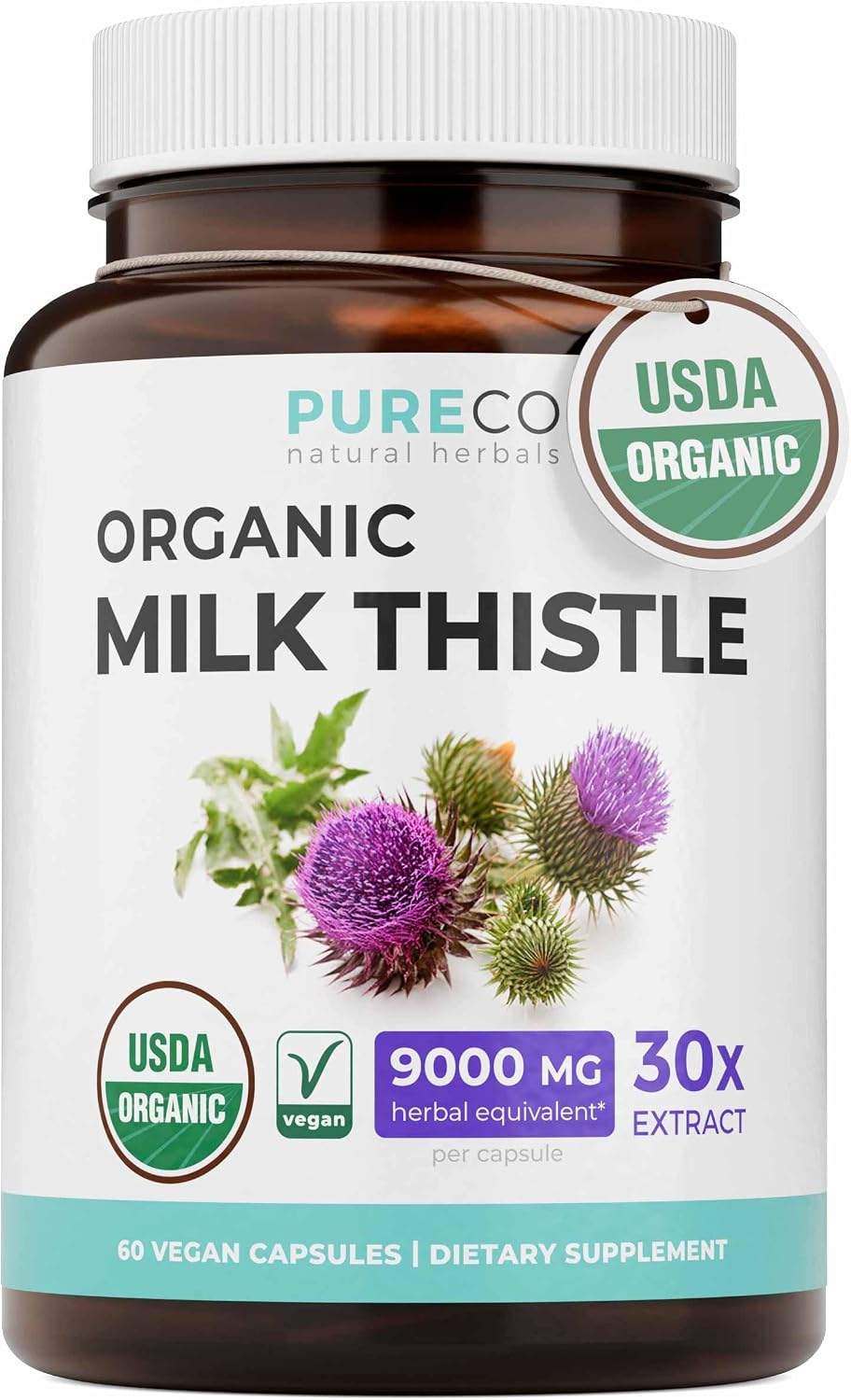 PURE CO USDA Organic Milk Thistle Supplement – 300mg of 30:1 Milk Thistle Extract with 80% Silymarin – Organic Herbal Liver Cleanse Detox & Repair – Vegan Non-GMO & Lab Verified (2 Month Supply)