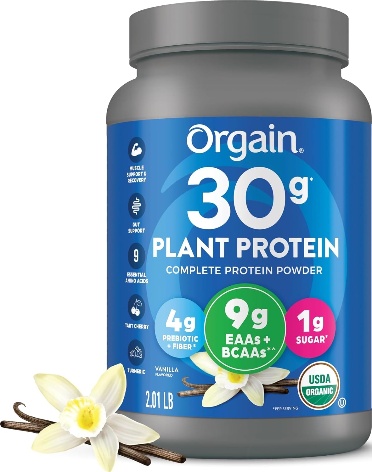 Orgain Organic Vegan 30g High Protein Powder, Vanilla, 2.01 lb | Plant based, 9g EAAs + BCAAs, 4g prebiotic fiber, 1g sugar, pre-workout, muscle support & recovery, packaging may vary