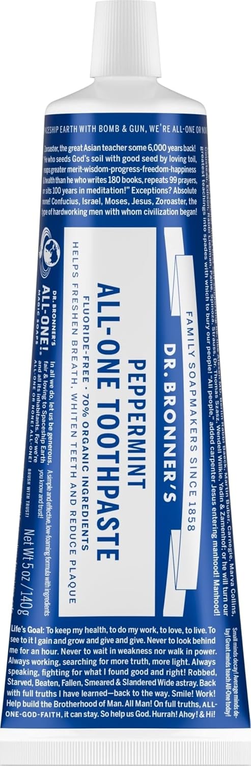 Dr. Bronner’s All-One Toothpaste – Peppermint, 5 oz, 1-Pack – Fluoride-Free Toothpaste for Adults, SLS-Free, 70% Organic & Natural Ingredients, Vegan, Helps Freshen Breath, Reduce Plaque, Whiten Teeth