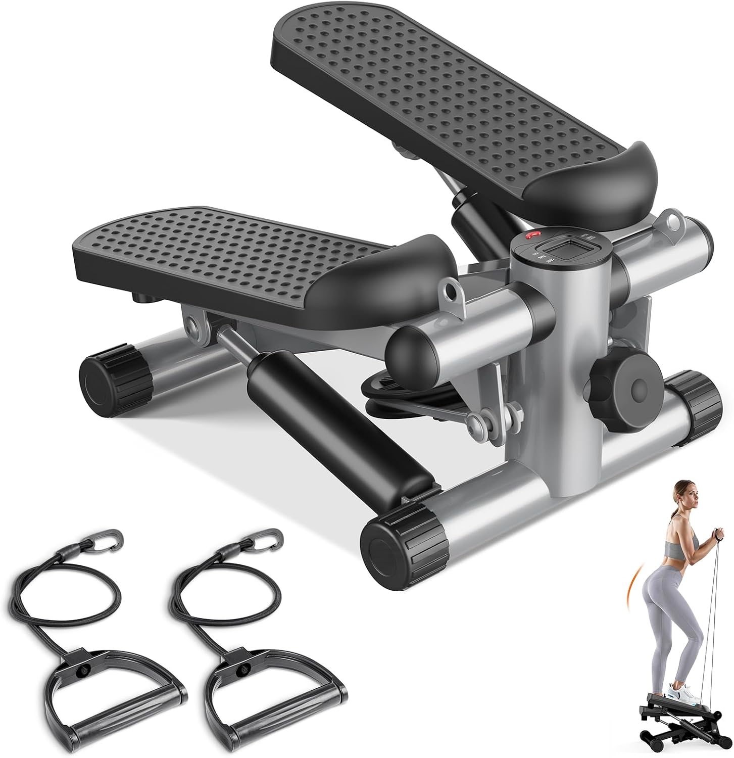 Sweetcrispy Mini Stair Stepper with Resistance Bands, Hydraulic Home Stepper Machine, 300 LBS Weight Capacity, Compact Cardio Equipment with LCD Monitor, No Assembly Required