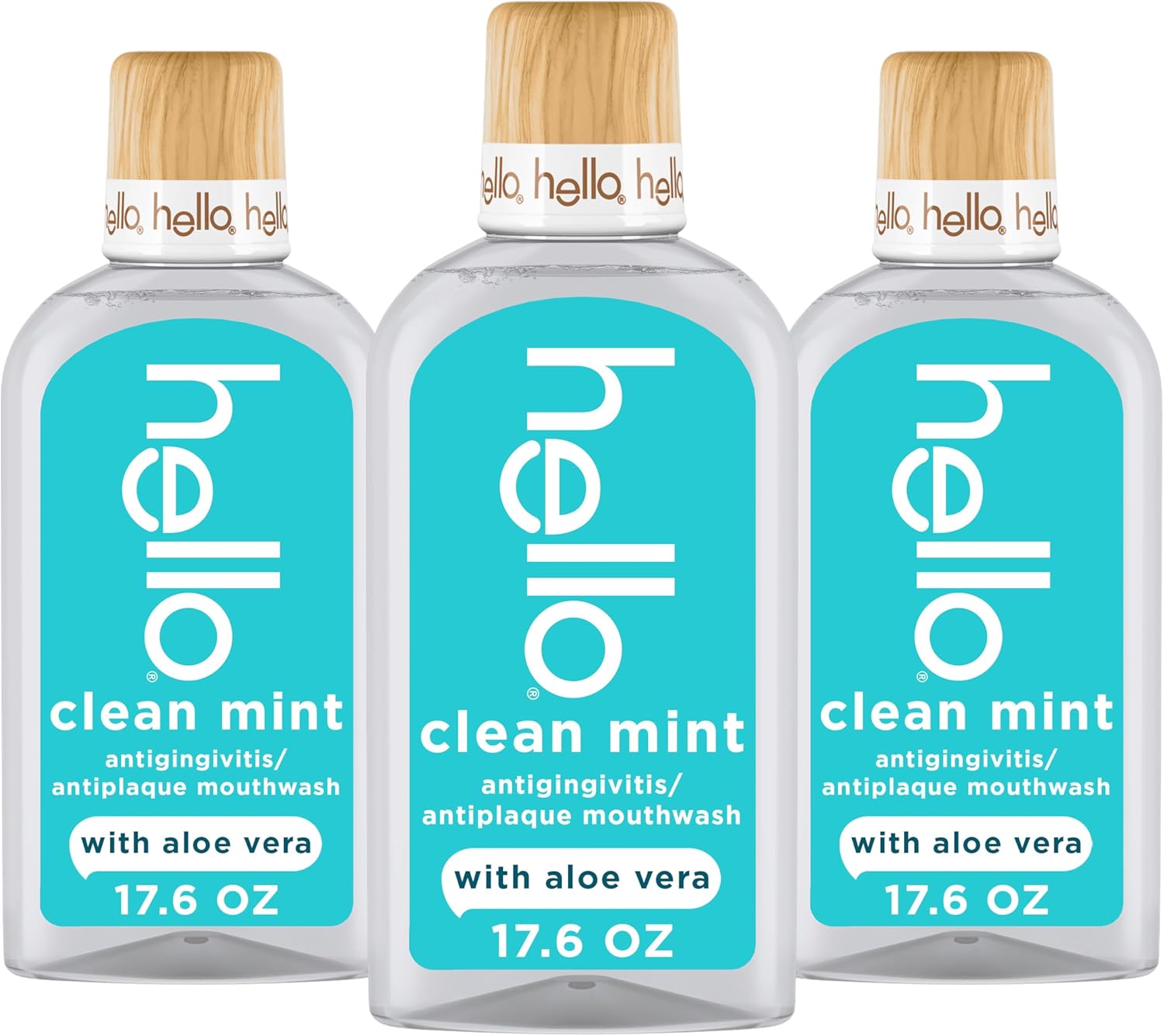 Hello Clean Mint Alcohol Free Mouthwash with Aloe Vera, 17.6 Fl Oz, Antigingivitis Gum Mouthwash with Farm Grown Mint, Fluoride Free, No Alcohol for Zero Burning, Vegan, Minty Oral Rinse, 3 Pack