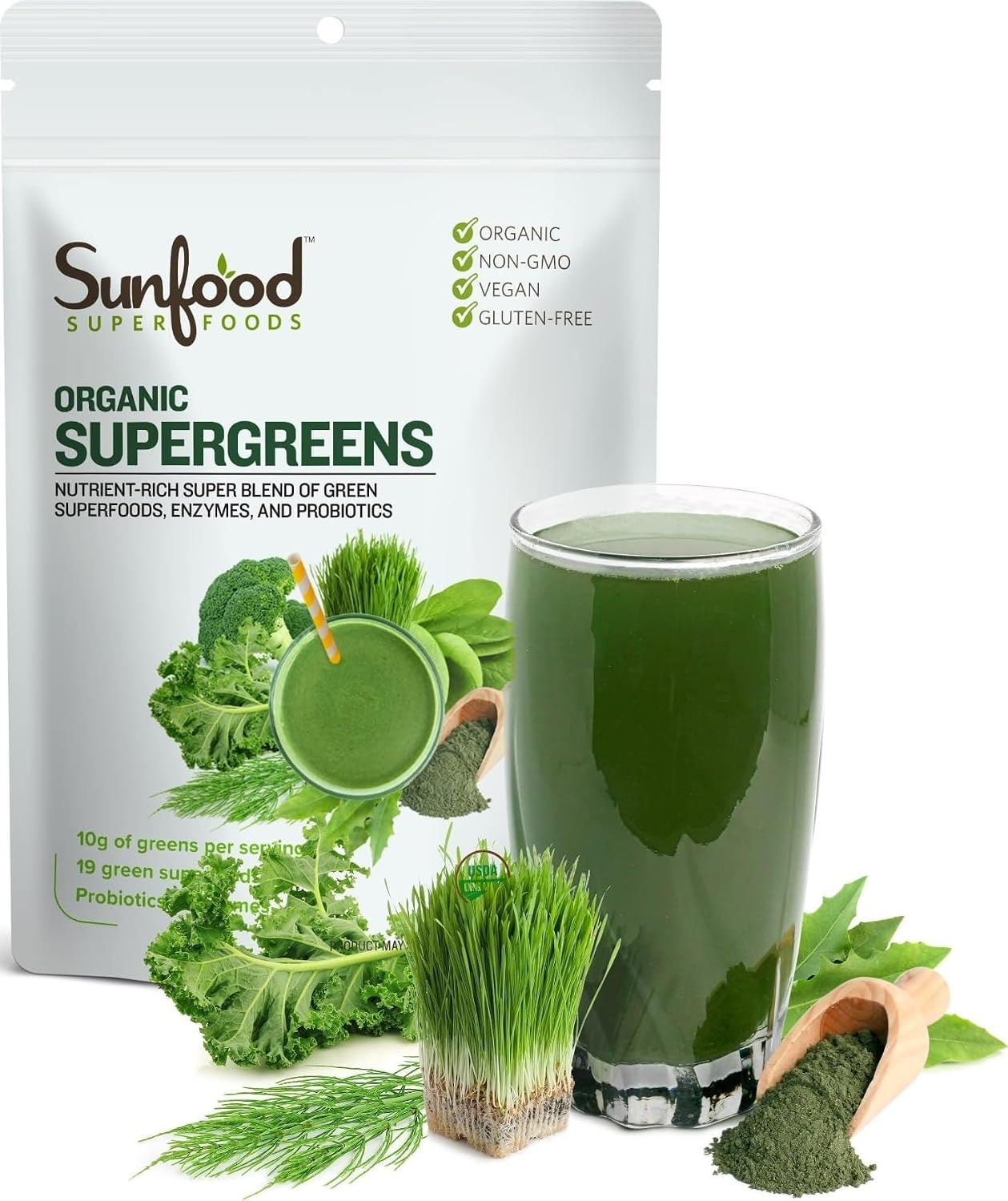 Sunfood Superfoods Organic Supergreens Blend – Greens Superfood Powder, Daily Green Juice Powder, Vegetable Smoothie Drink Mix with Chlorella, Spirulina, Alfalfa, Kale, & More – 8 oz Bag
