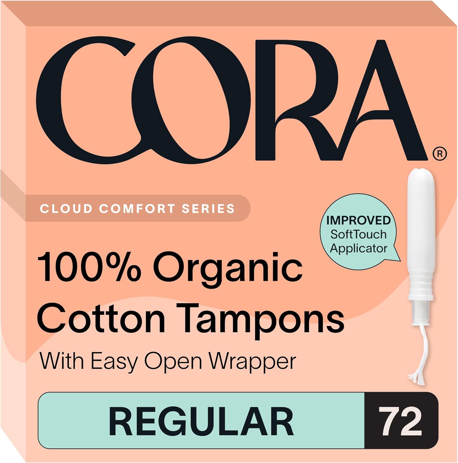 Cora Organic Cotton Tampons (72 Regular Tampons) | Comfortable Leak Protection, Expands to Your Shape, Made Without Chlorine, Pesticides, or Rayon, Organic Cotton Feminine Care
