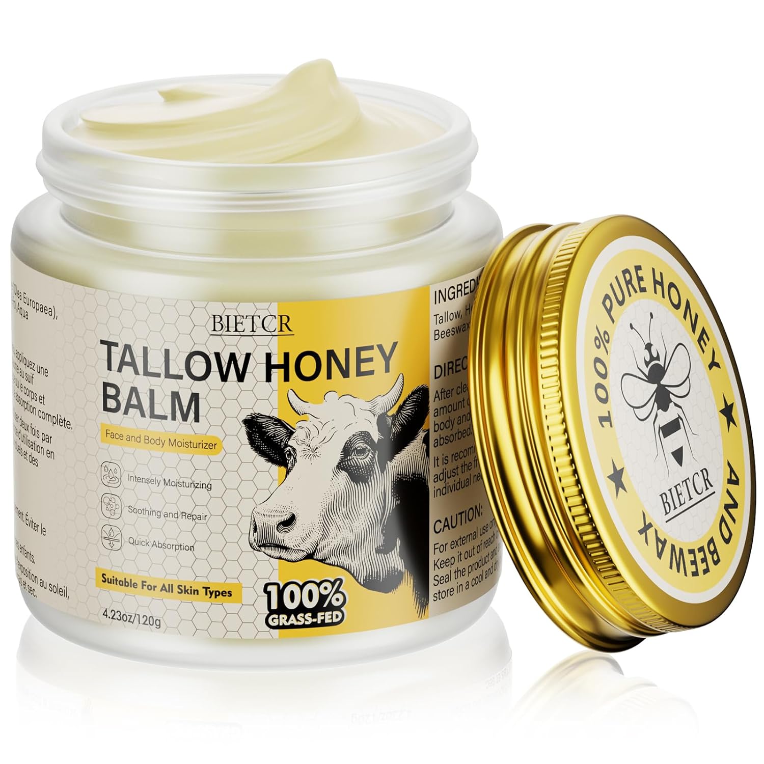 Organic Grass-Fed Beef Tallow for Skin, Body, Tallow Face Moisturizer | Lip Balm, Whipped Tallow Honey Balm, All Natural Body Lotion for Women Men, Tallow Cream Skincare, Unscented 4.2 OZ