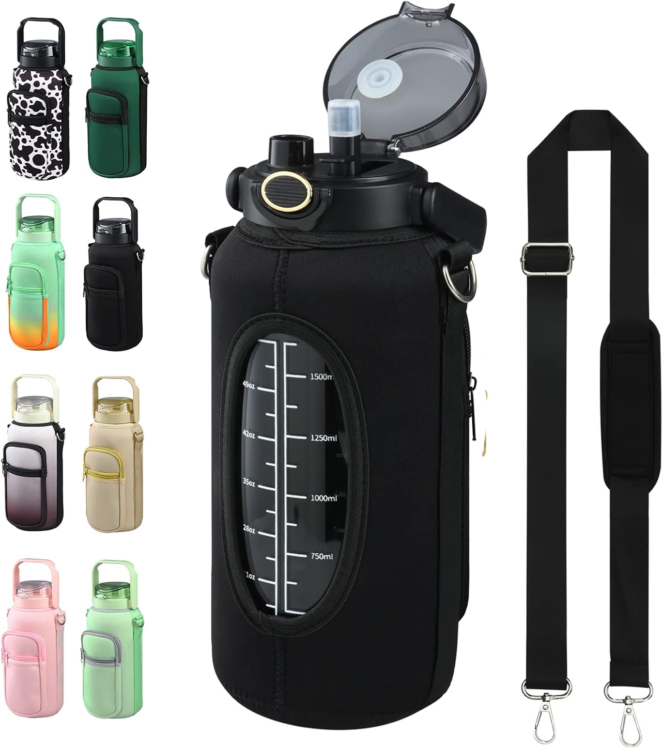 chunmo Half Gallon 64oz Glass Water Bottle with Straw and Storage Sleeve Motivational Water Bottle with Strap and Time to Drink 2L Leakproof Reusable Water Jug for Fitness Gym and Outdoors