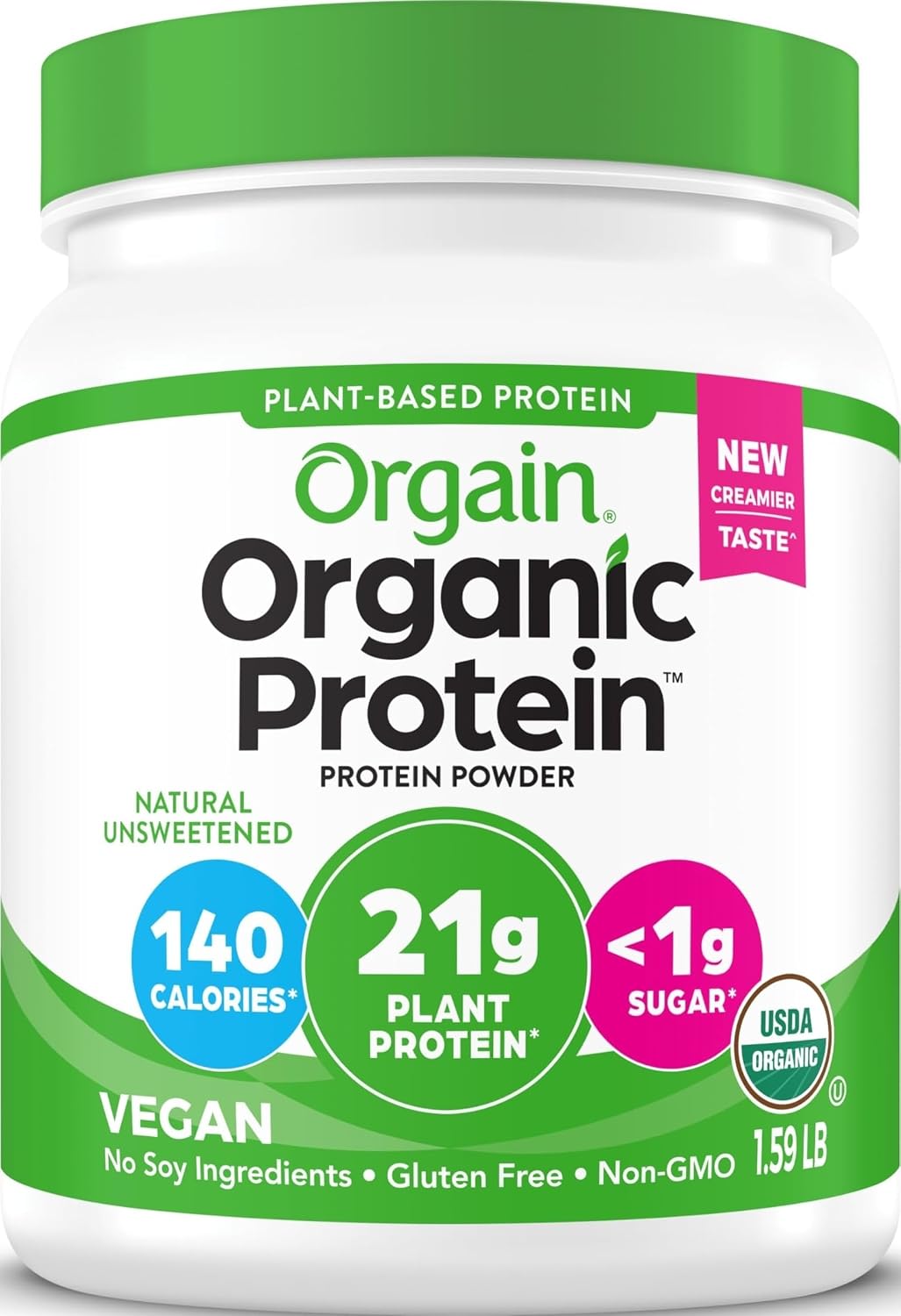 Orgain Organic Vegan Protein Powder, Natural Unsweetened – 21g of Unflavored Plant Protein, 4g Prebiotic Fiber, Low Net Carbs, No Added Sugar, Non-GMO, for Shakes & Recipes, 1.59 lb
