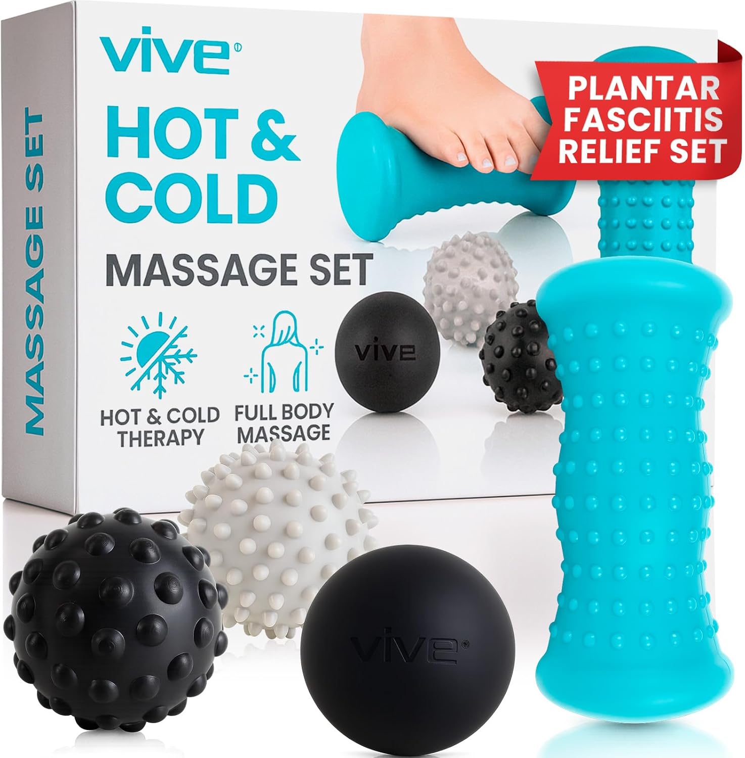 Vive Massage Ball Set (4 Piece) – Plantar Fasciitis Relief Foot Pain Hot | Cold Therapy – Heel Spur, Sore Muscle, Trigger Point, Back, Arm, Neck, Shoulder, Leg Circulation Roller