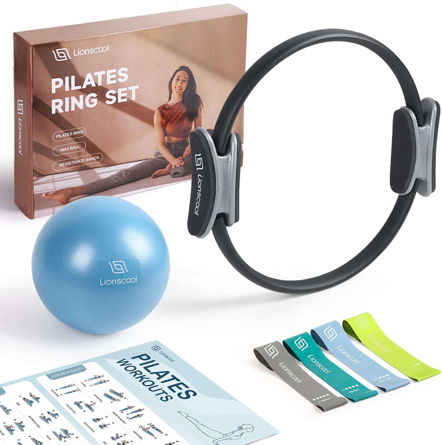LIONSCOOL Pilates Ring Set 14″ Magic Circle, 9″ Mini Ball, Resistance Bands