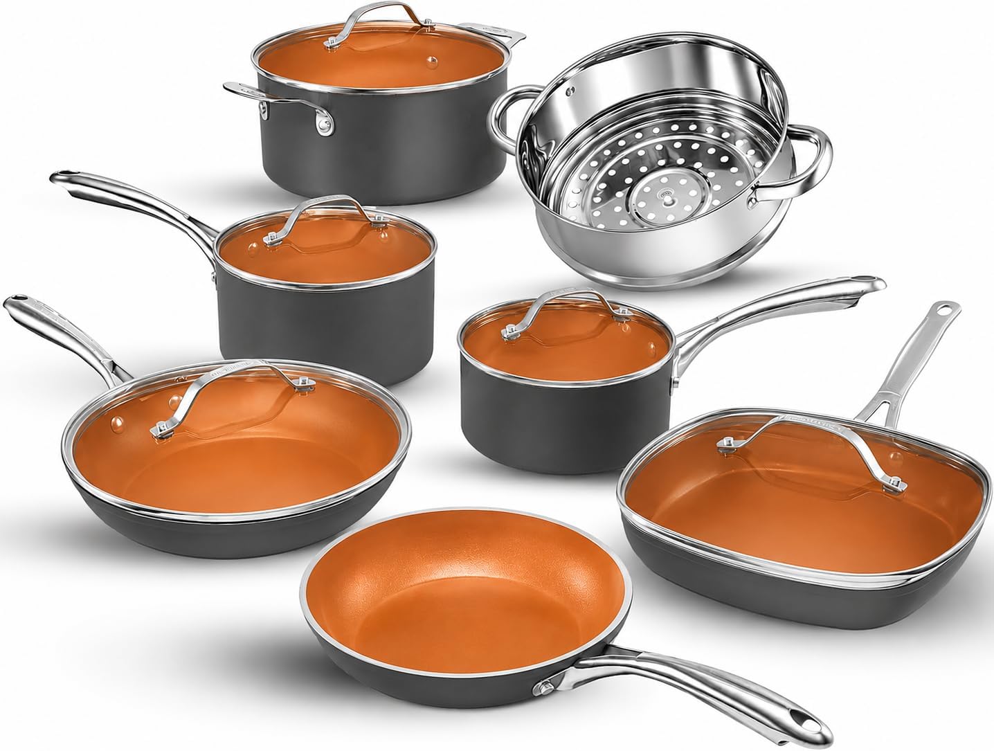 Gotham Steel 12 Pc Ceramic Cookware Set Nonstick, Ceramic Pots and Pans Set Non Stick with Steamer for Cooking, Non Toxic PFOA PFOS Free, Ergonomic Stay Cool Handles, Oven & Dishwasher Safe, Copper