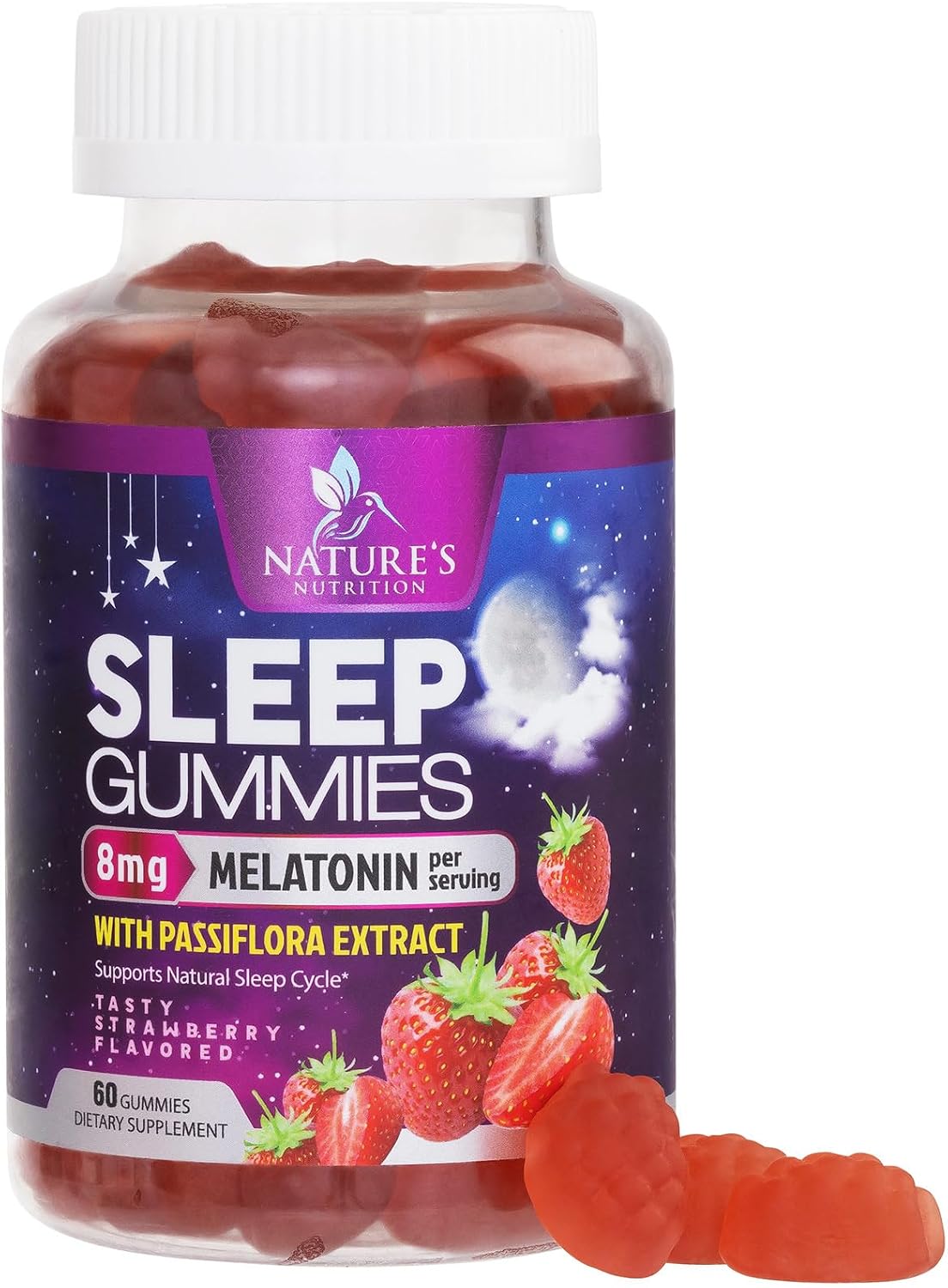 Sleep Gummies – 8mg Melatonin Per Serving – With Passiflora Extract for Restful Sleep – Fast Acting Melatonin Sleep Gummy Supplement for Adults, Vegan, Non-GMO, Tasty Strawberry Flavor – 60 Gummies