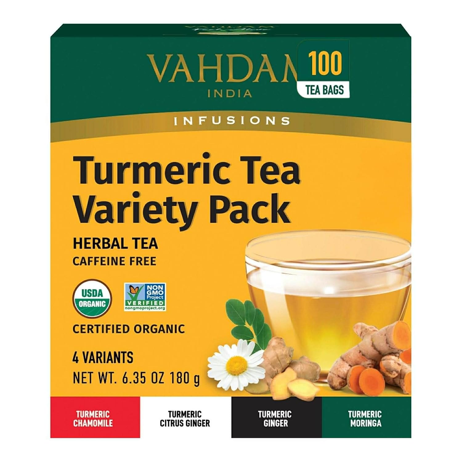 Organic Turmeric Tea Variety Pack – 100 Pyramid Herbal Tea Bags, Caffeine Free, USDA Organic, Non-GMO, 4 Flavor Assortment (Turmeric Ginger, Citrus Ginger, Chamomile, Moringa), 6.35 oz
