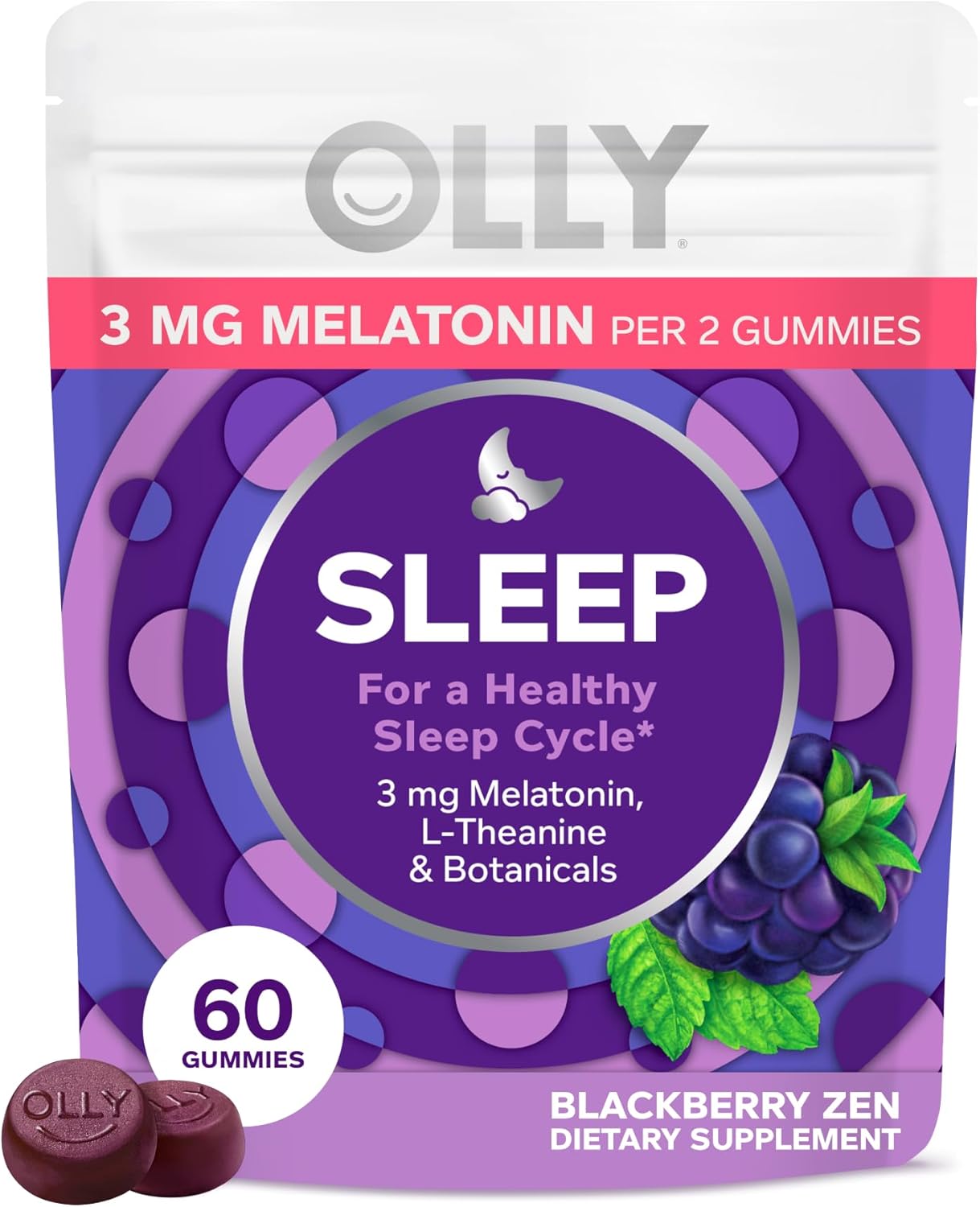 OLLY Sleep Support Gummy Supplement,* 3 mg Melatonin, L-Theanine – 60 Count