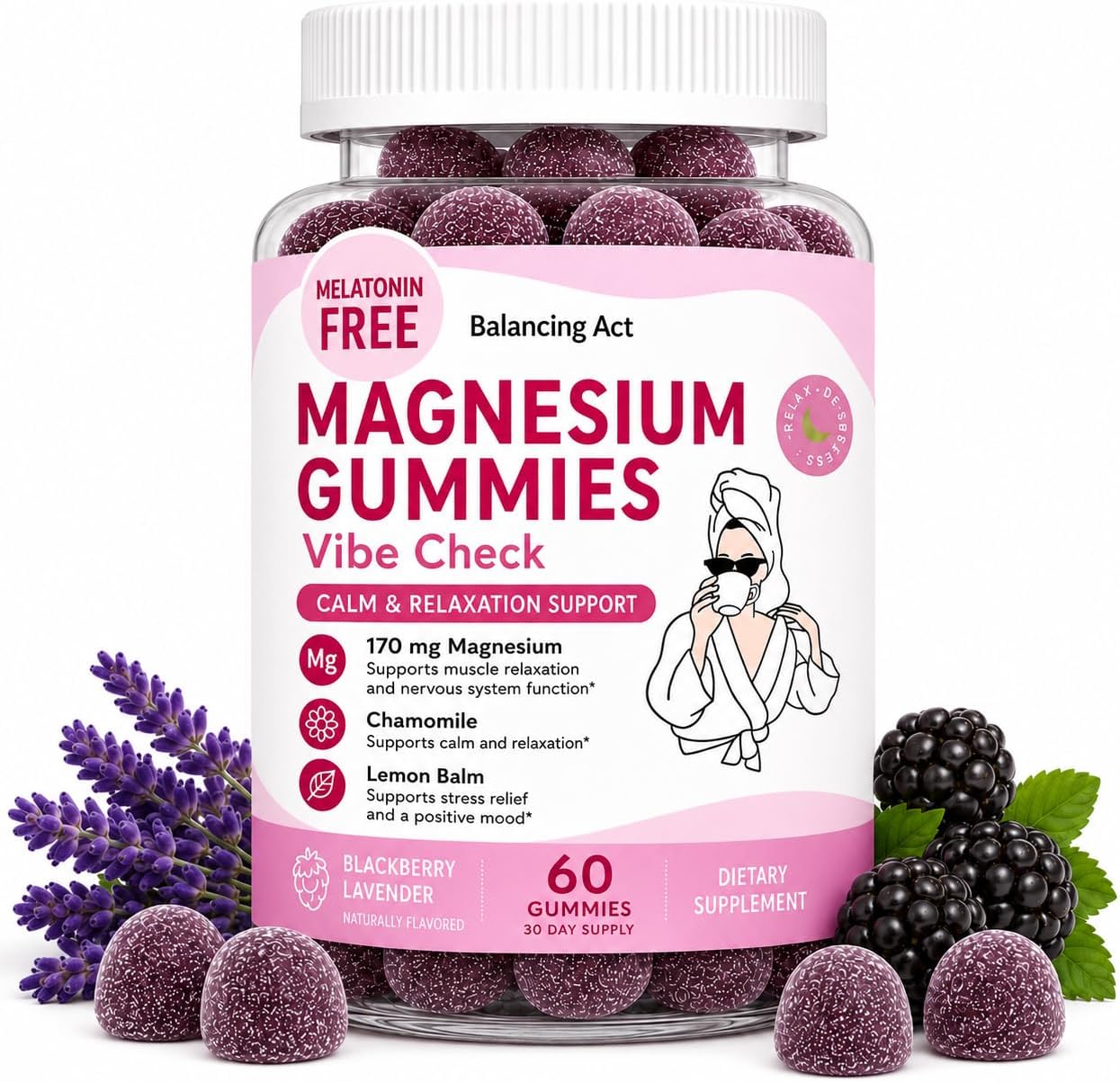 Balancing Act – Vibe Check Magnesium Gummies for Women – Melatonin-Free Calm & Relaxation Support with Magnesium, Chamomile & Lemon Balm – BlackBerry Lavender – 60 Count (30-Day Supply)