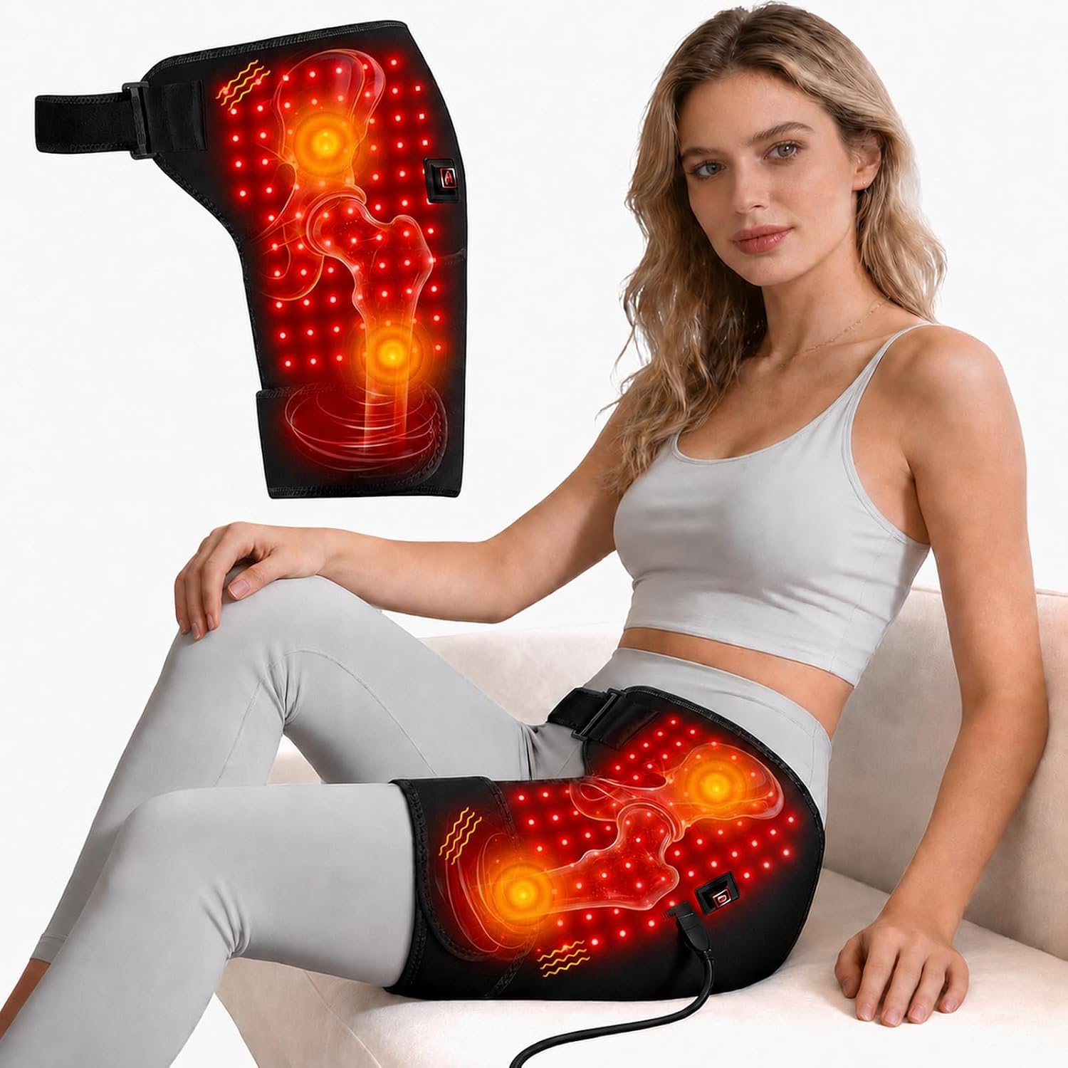 Massage Red Light Hip Therapy Device, 105 Lamp USB Powered, 3 Heating Levels, Therapeutic Device Hip for Legs, Thighs and Buttocks Unisex Wearable Red Light Hip Therapy Device