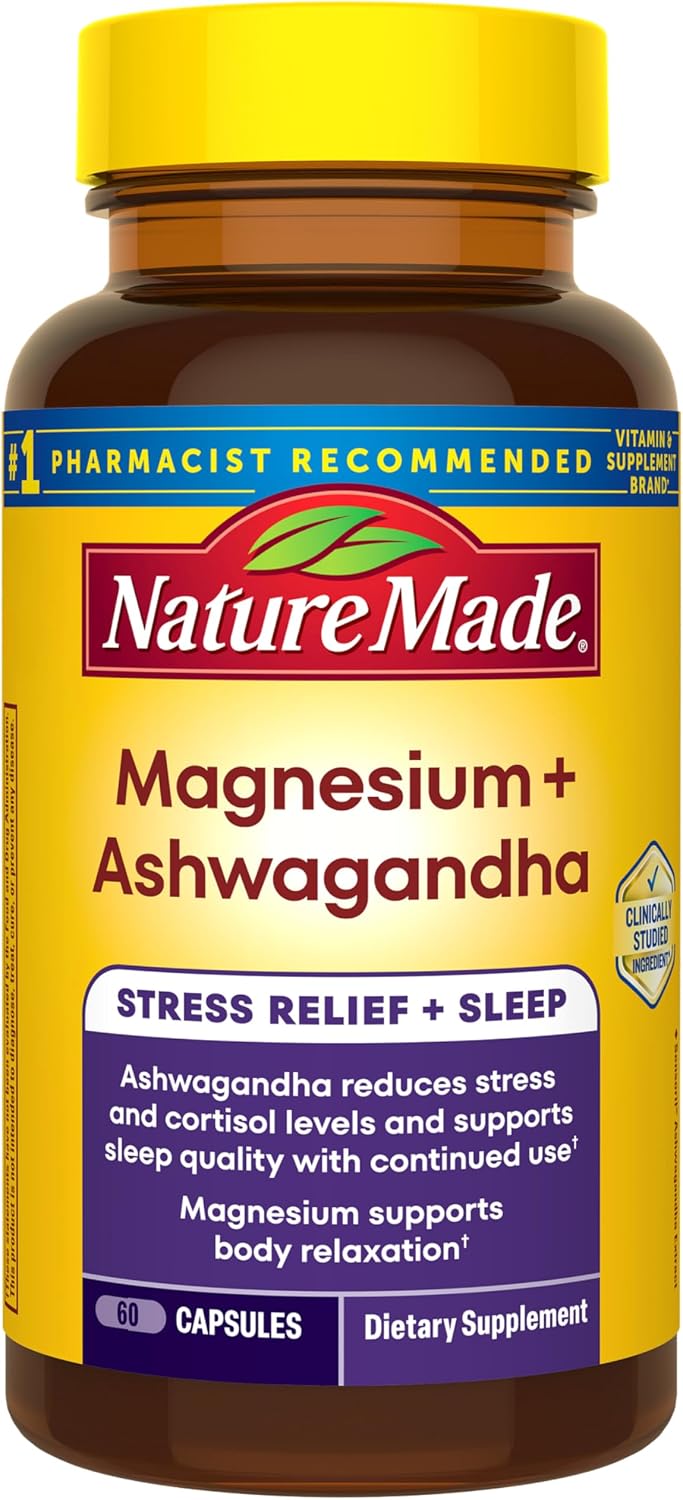 Nature Made Magnesium + Ashwagandha Capsules, 60 Capsules | Stress Relief and Sleep Support, Magnesium 300 mg and Clinically Studied Sensoril Ashwagandha Supplements, 30 Day Supply