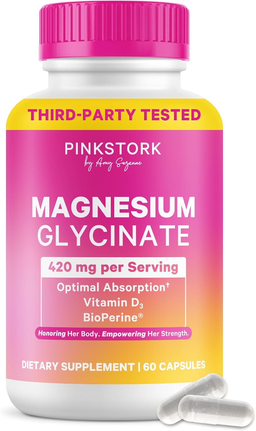 Pink Stork Magnesium Glycinate with Vitamin D, 60 Capsules | Magnesium Supplement for Women, Supports Natural Calm, Mood, and Sleep, Hormone Balance for Women, 1 month supply