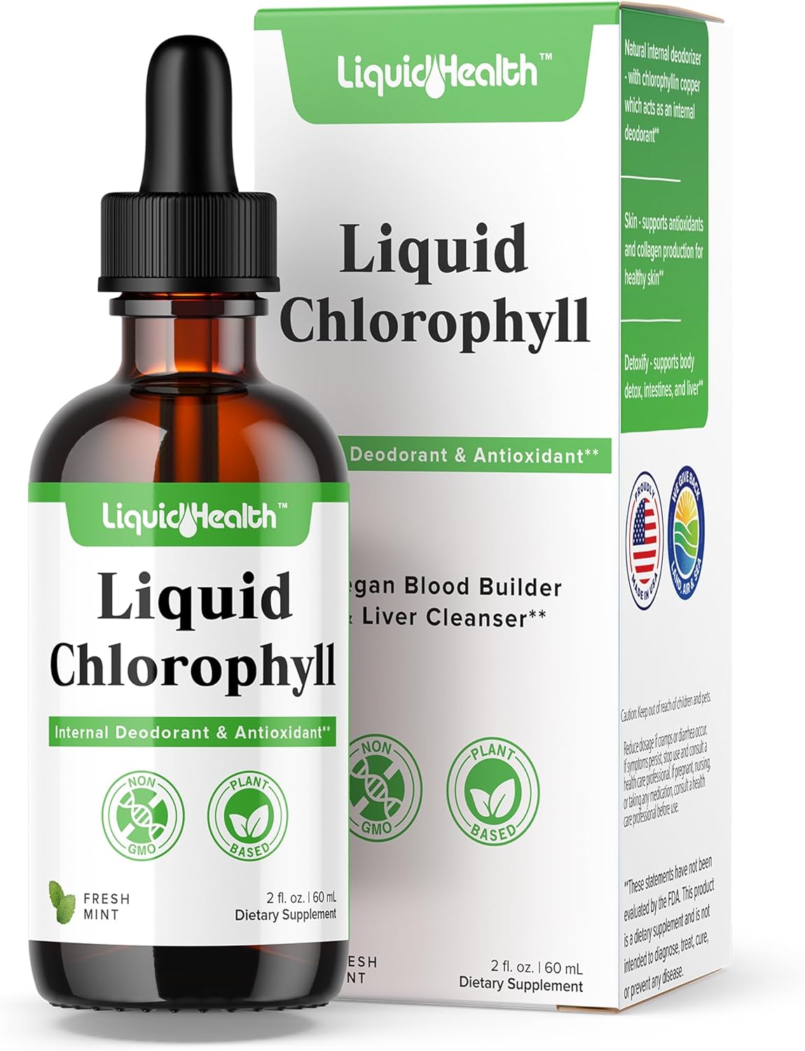 LIQUIDHEALTH Liquid Chlorophyll Drops – Internal Deodorizer, Liver Detox, Immune Support, Promote Collagen for Hair & Skin, Stop Bad Breath, Reduce Appetite – Made in the USA, Vegan, Non-GMO (2 oz)