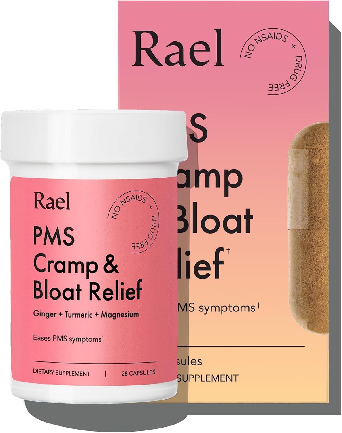 Rael PMS Supplement for Menstrual Support Cramp & Bloat Care (28 Capsules) | Turmeric, Ginger, Magnesium, Menstrual Comfort Support, Gluten-Free, Bloating Support, Wellness, Feminine Supplements